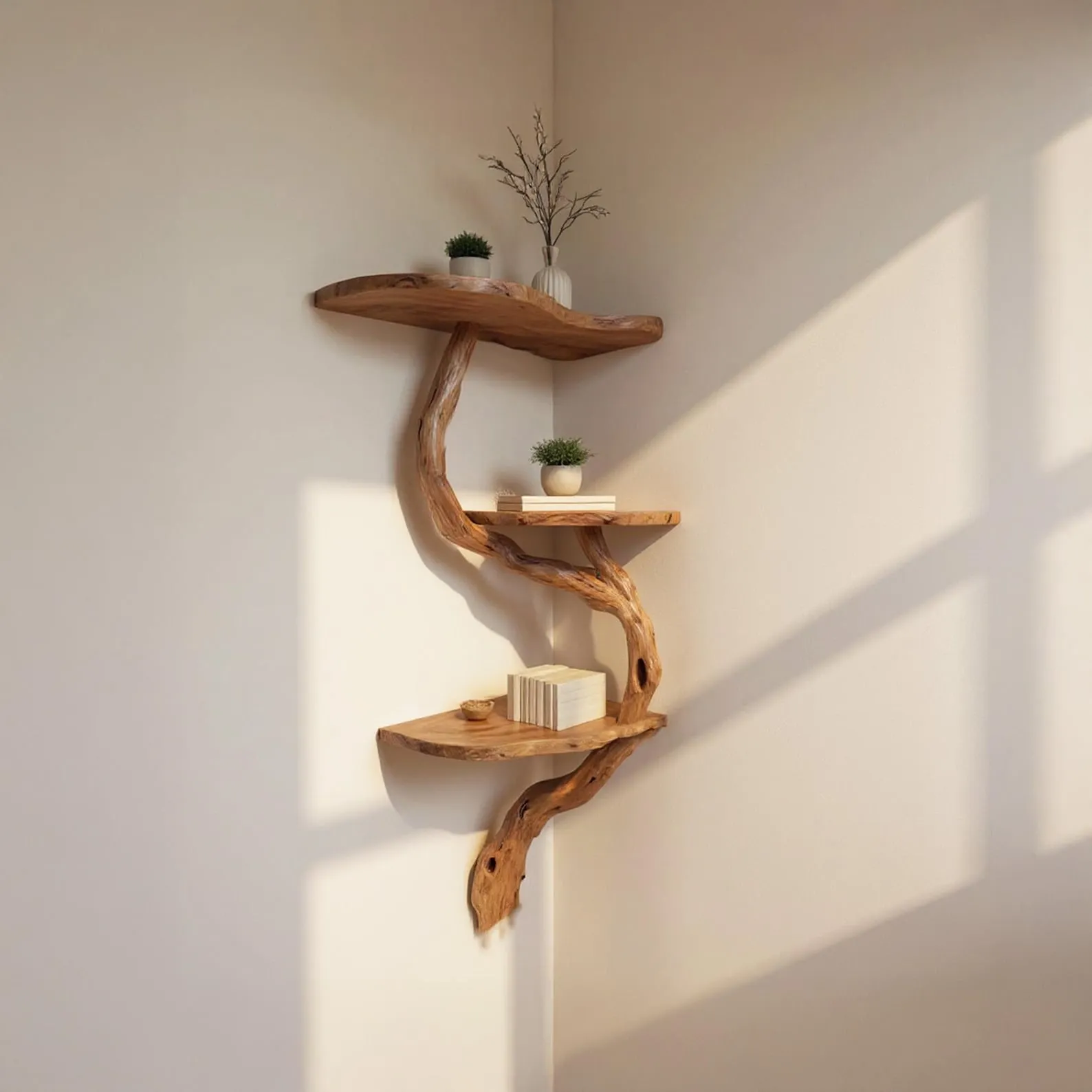 Handcrafted Driftwood Corner Bookshelf: Wall Mount Tree Branch Shelf