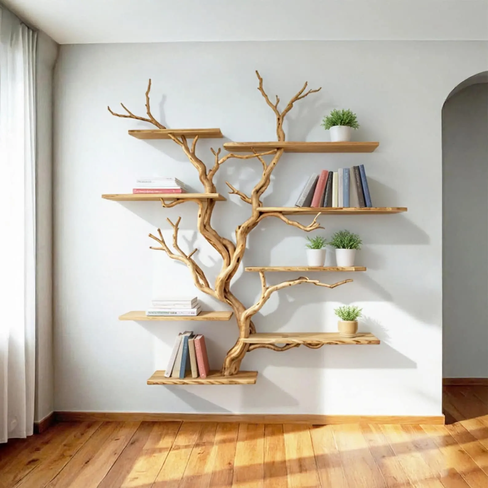 Floating bookshelf tree branch shelf driftwood sculpture book shelf wall mounted art custom bookcase decor home