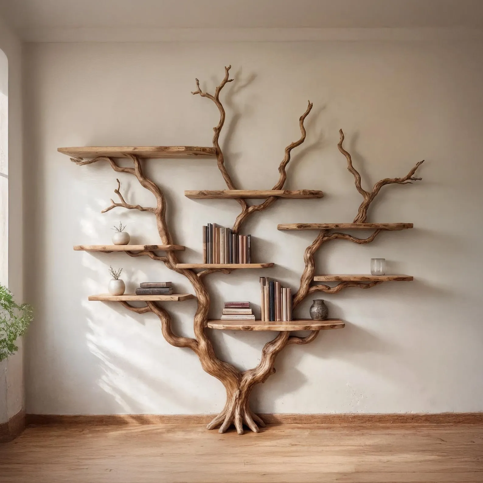 Driftwood Tree Bookshelf: Handmade Wall-Mounted Wood Bookcase