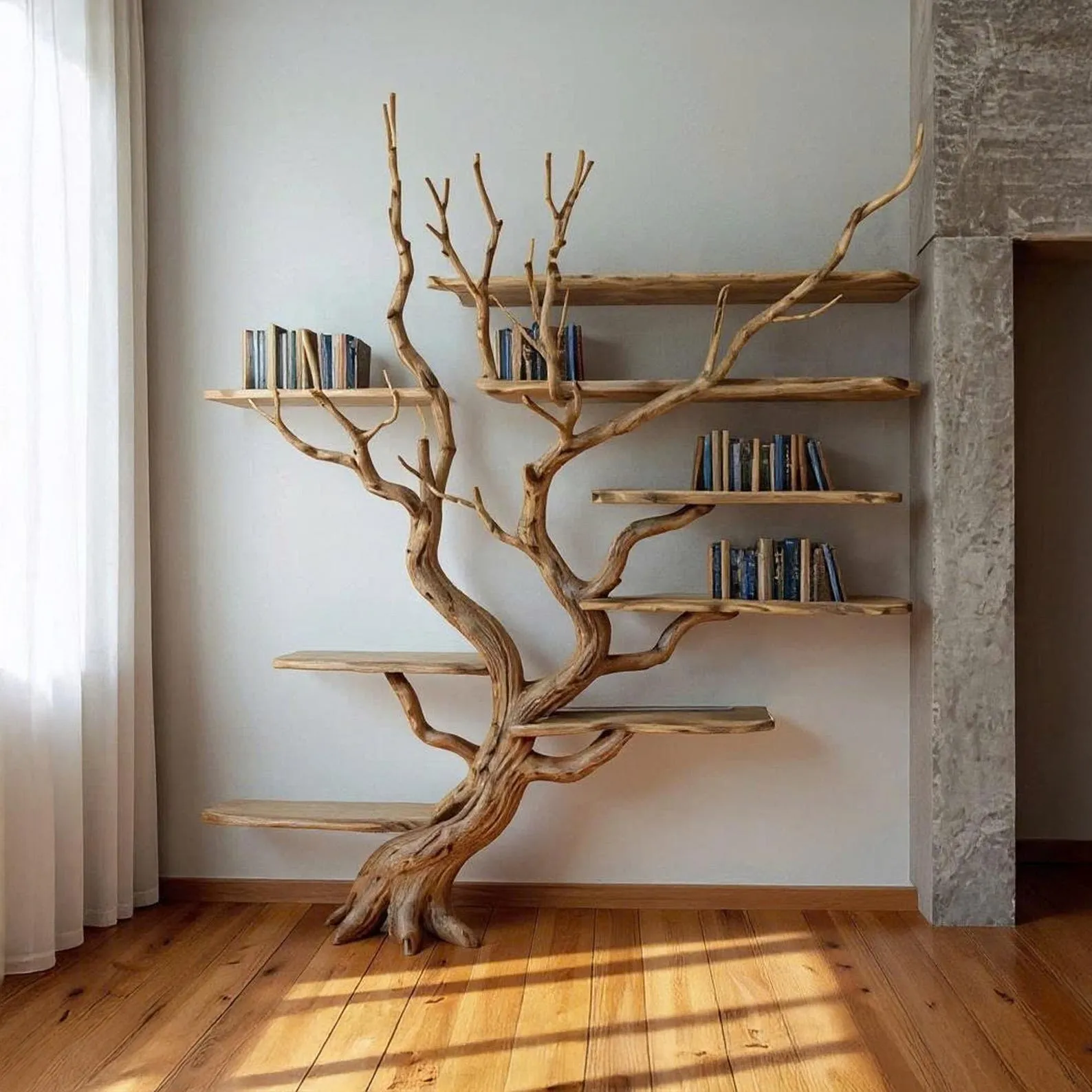 Driftwood Tree Bookshelf: Natural Wood Wall-Mounted Bookcase