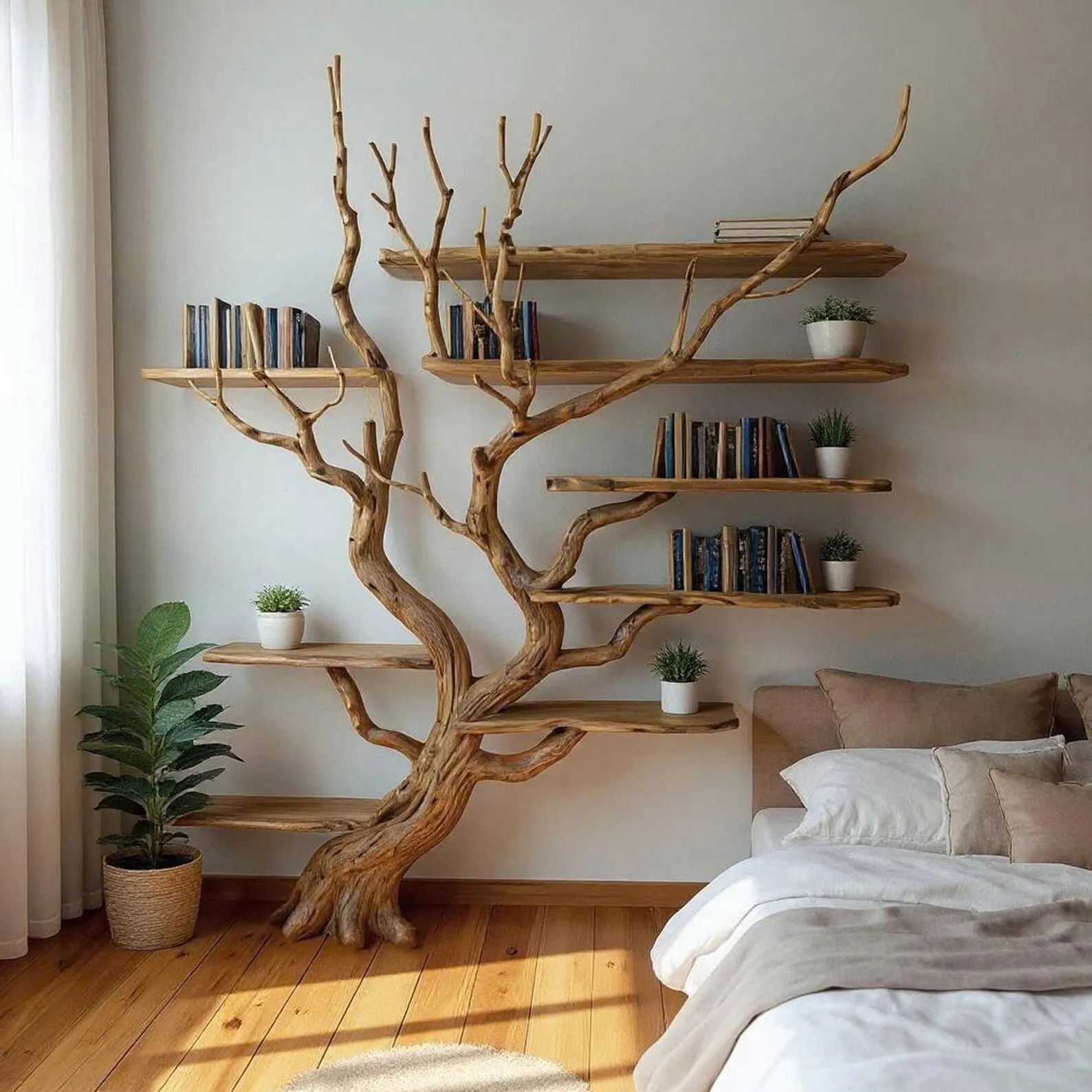Driftwood Tree Bookshelf: Natural Wood Wall-Mounted Bookcase - Image 4