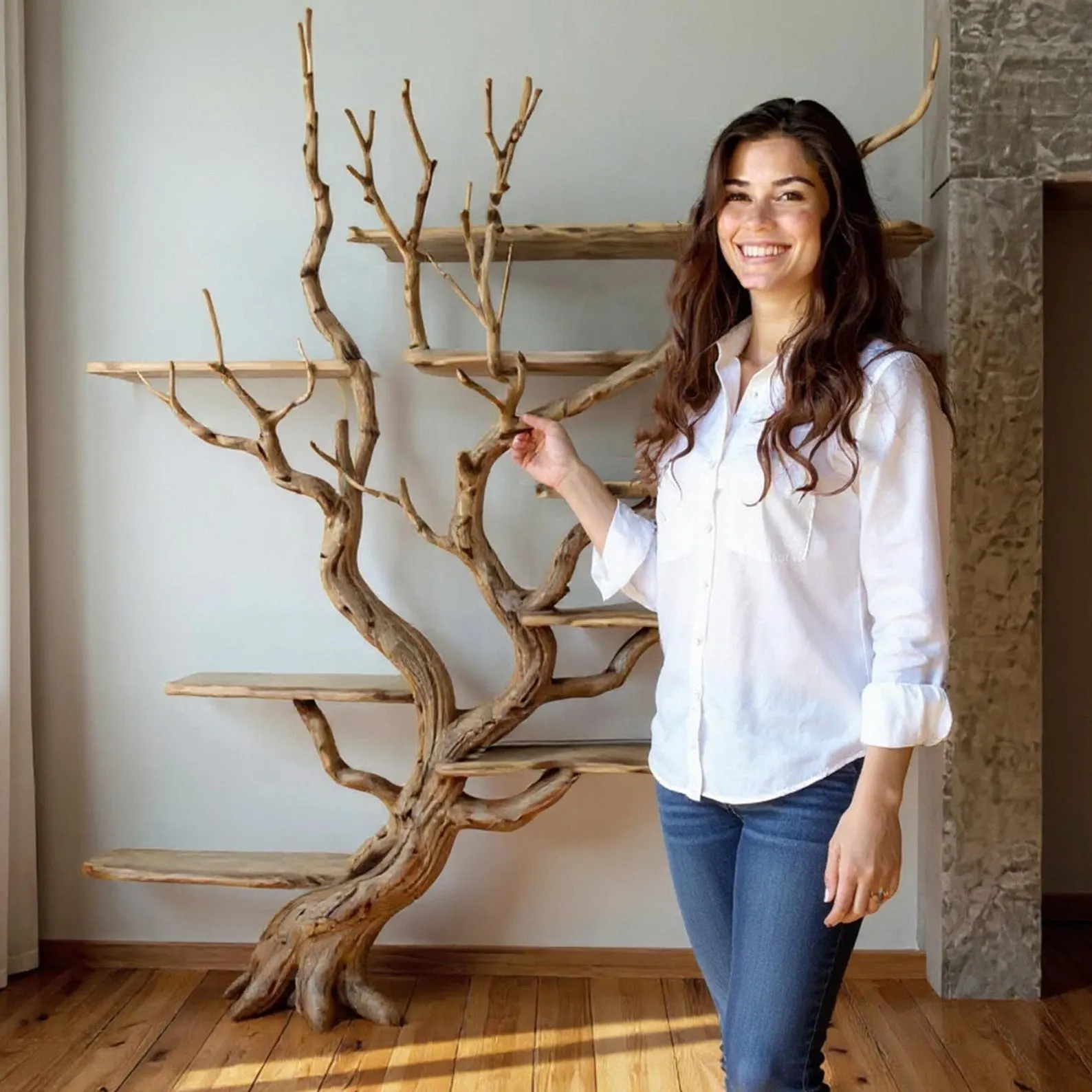 Driftwood Tree Bookshelf: Natural Wood Wall-Mounted Bookcase - Image 5