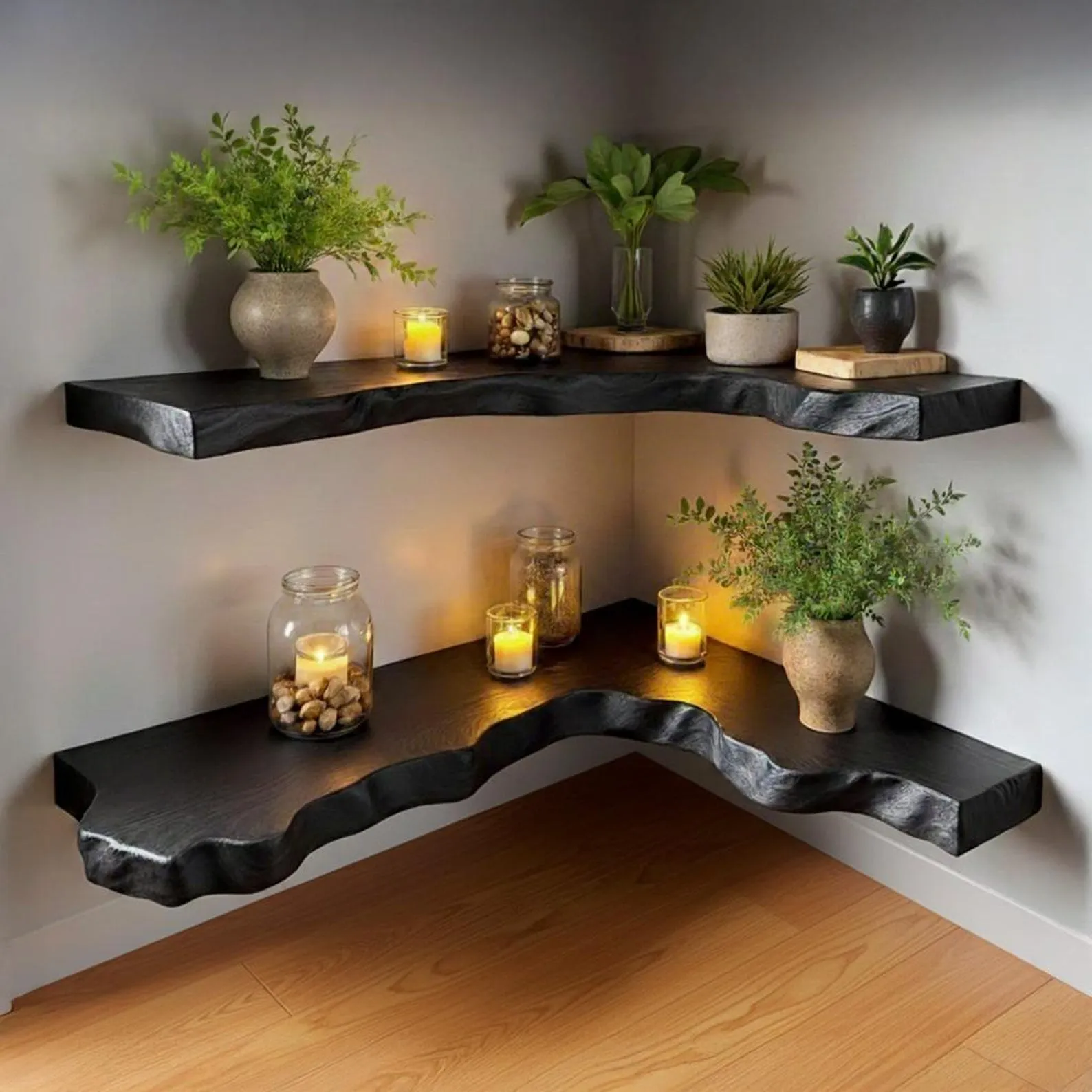 Live edge floating corner shelf black solid wood floating shelves wall mounted bookcase handmade furniture
