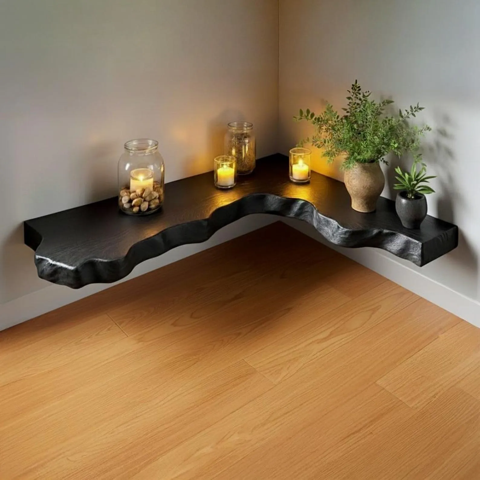 Live edge floating corner shelf black solid wood floating shelves wall mounted bookcase handmade furniture - Image 10