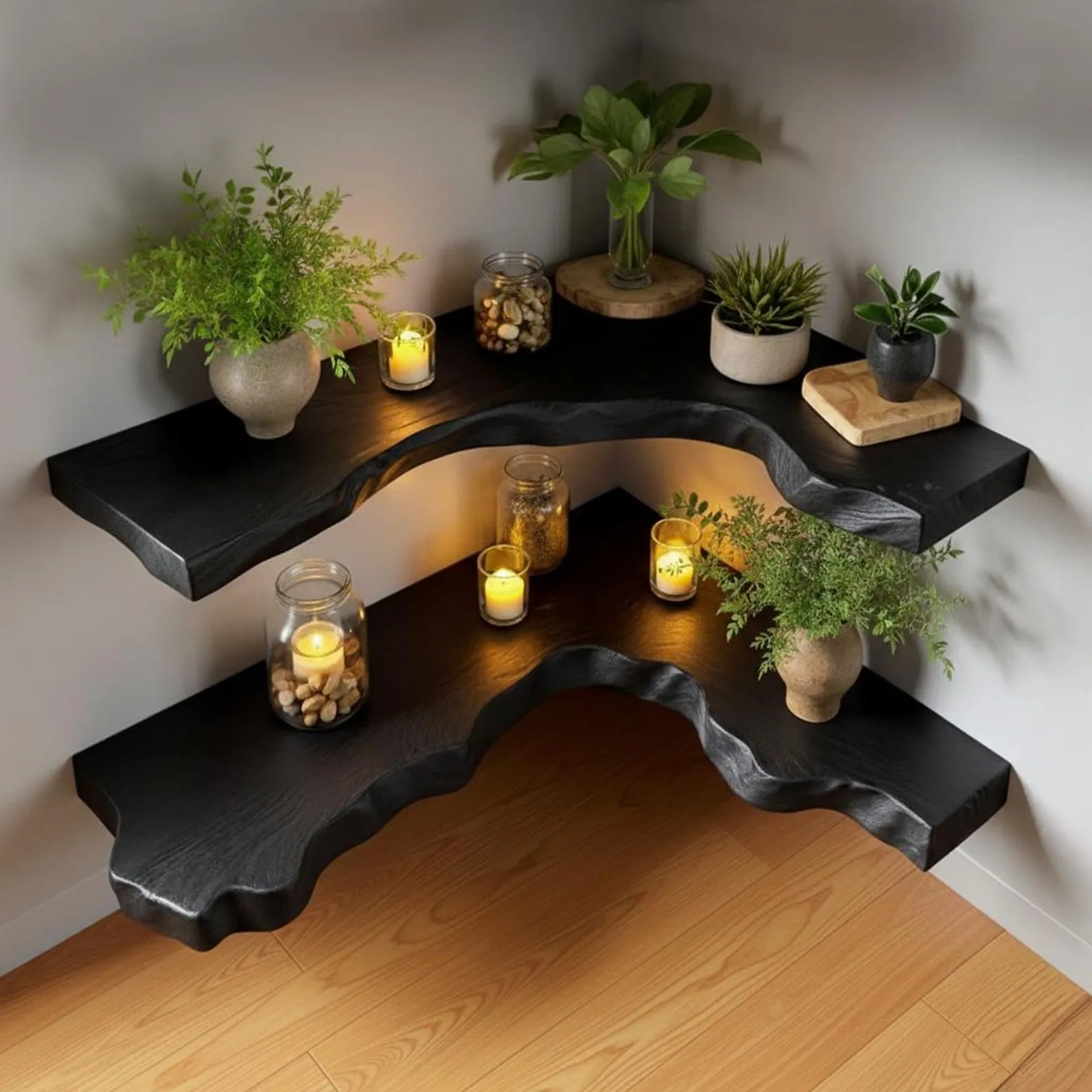 Live edge floating corner shelf black solid wood floating shelves wall mounted bookcase handmade furniture - Image 2