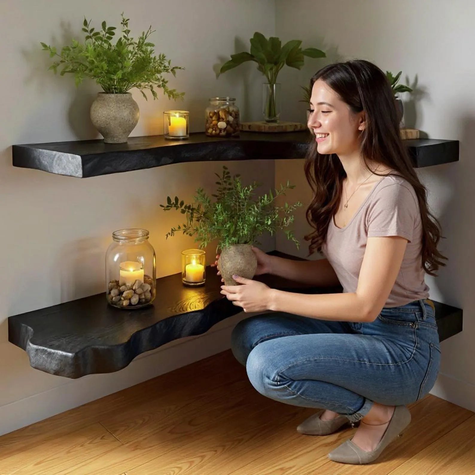 Live edge floating corner shelf black solid wood floating shelves wall mounted bookcase handmade furniture - Image 4