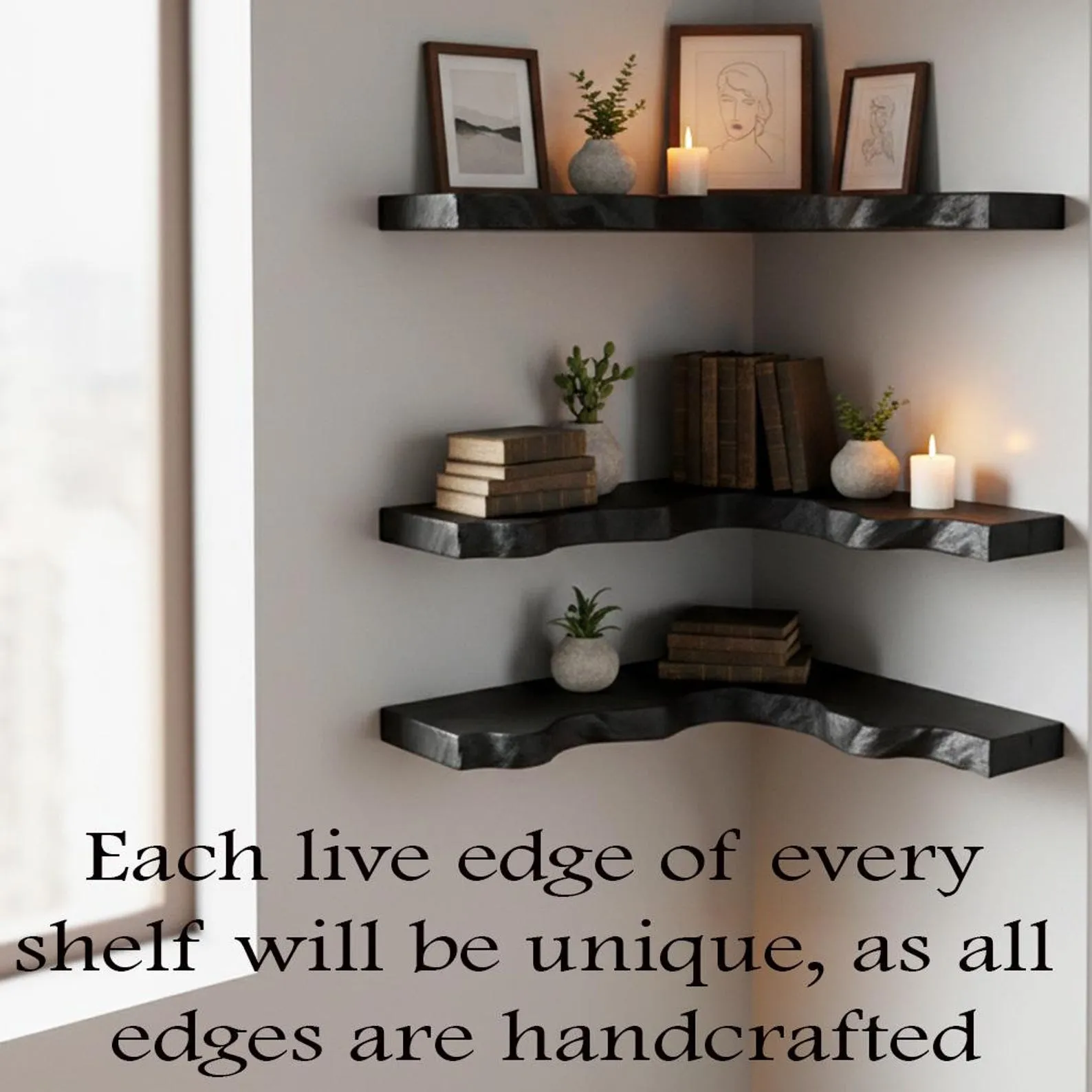 Live edge floating corner shelf black solid wood floating shelves wall mounted bookcase handmade furniture - Image 5