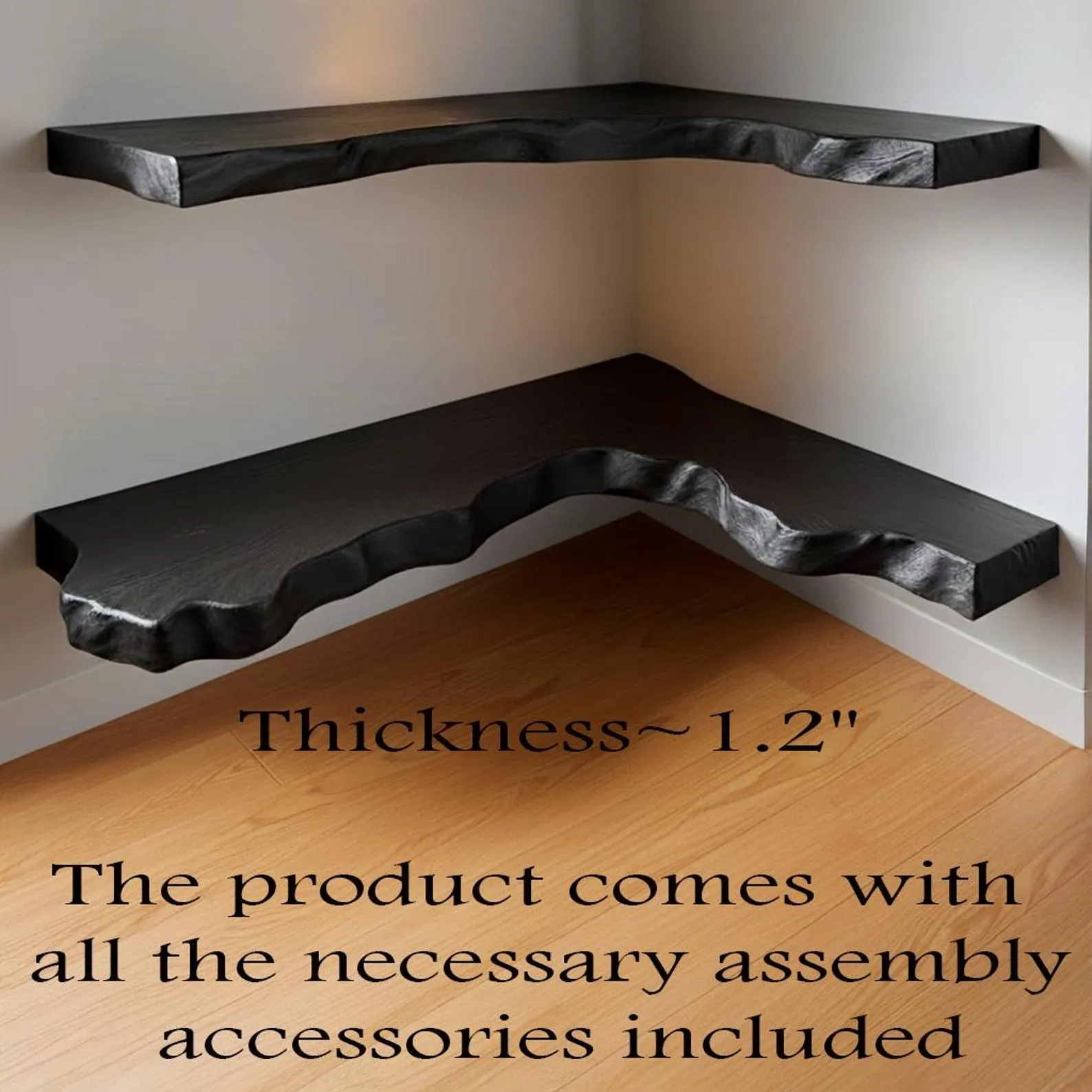 Live edge floating corner shelf black solid wood floating shelves wall mounted bookcase handmade furniture - Image 9