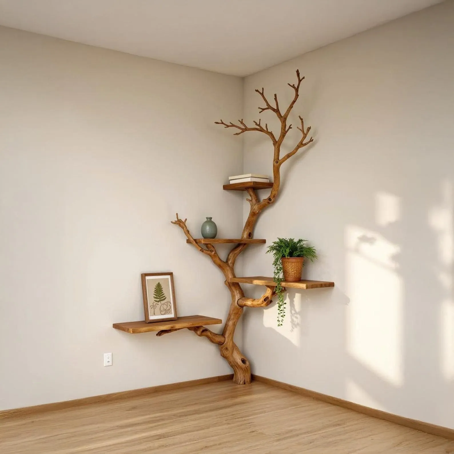 Tree branch shelf corner floating book shelf wall mounted shelves handcrafted reclaimed solid wood bookcase