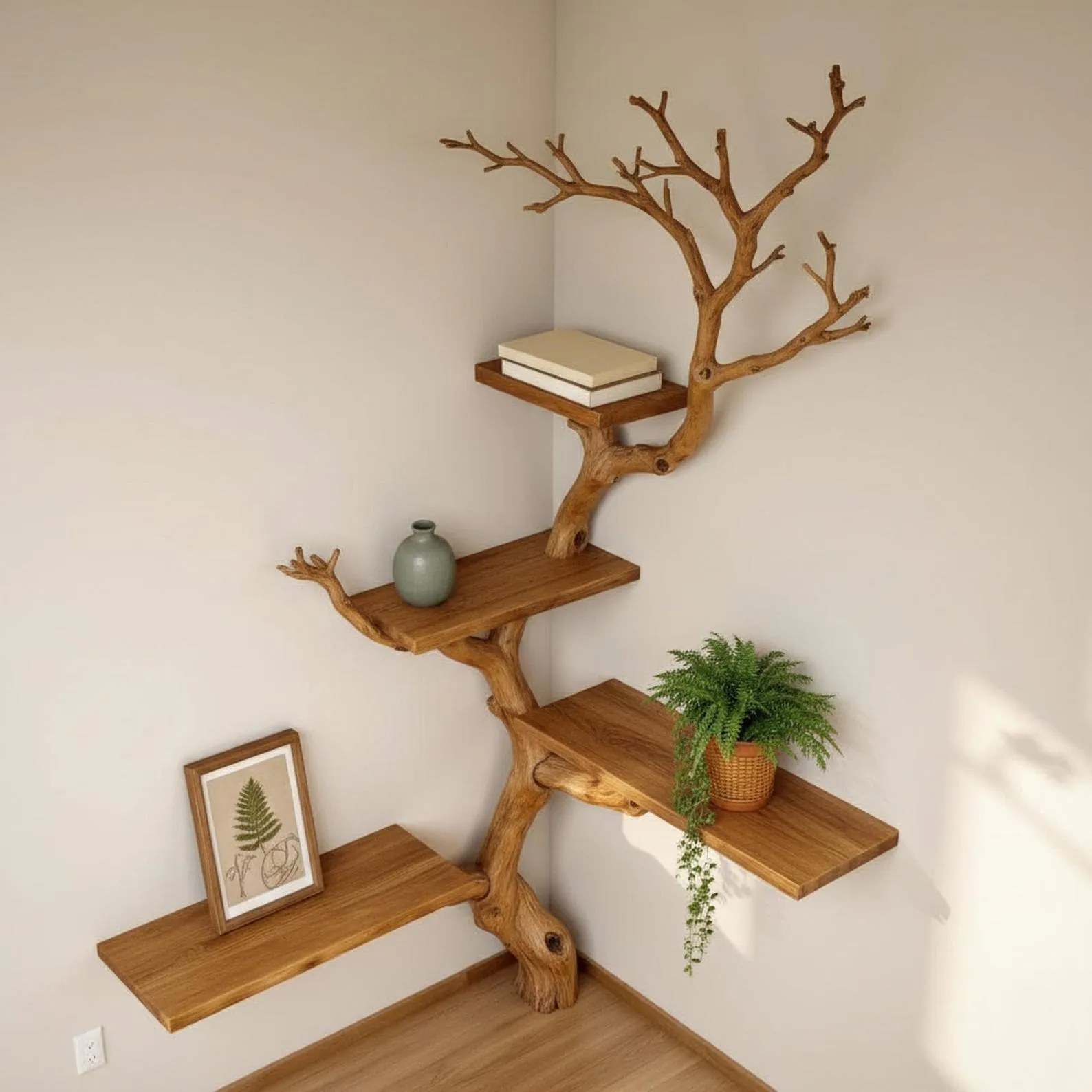Tree branch shelf corner floating book shelf wall mounted shelves handcrafted reclaimed solid wood bookcase - Image 2