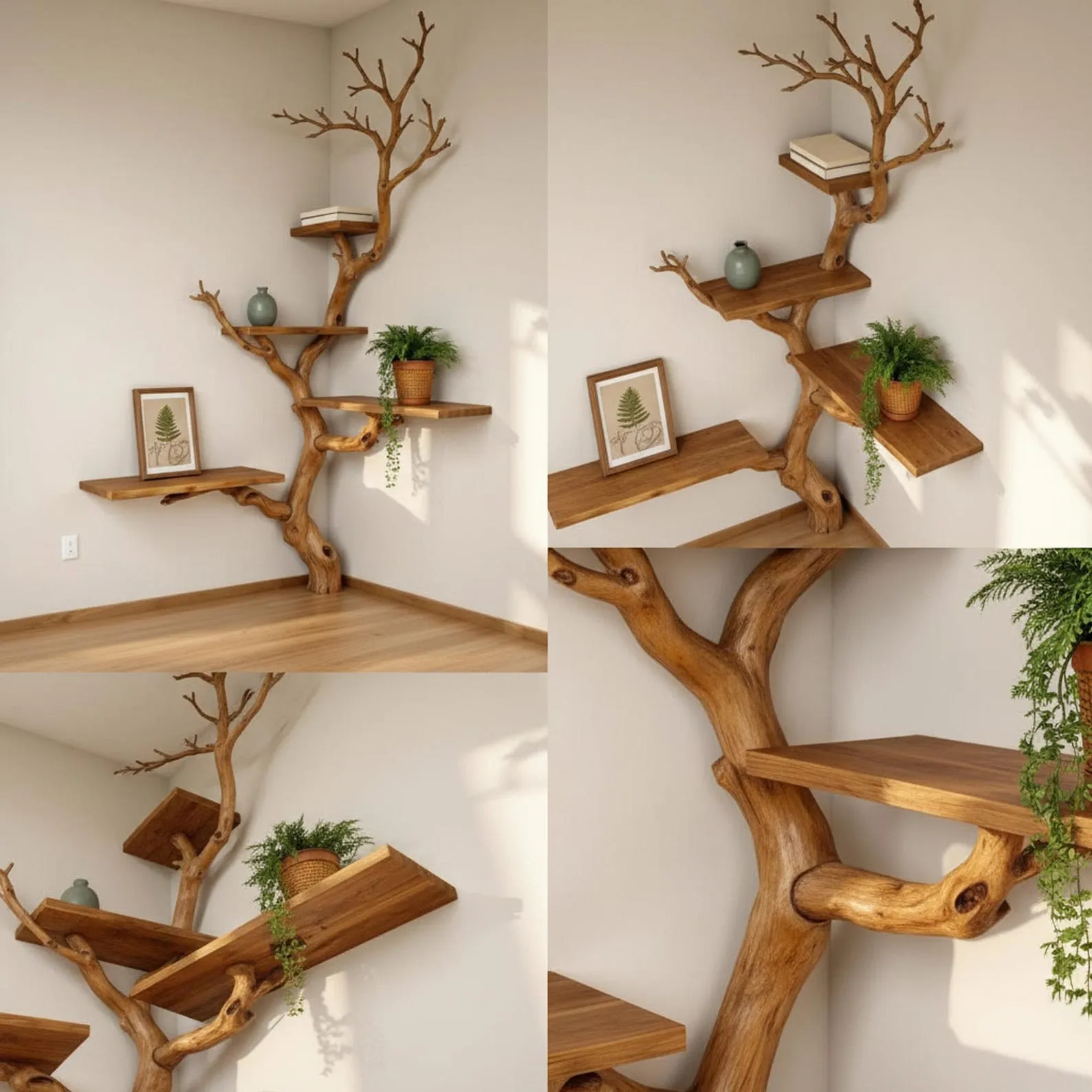 Tree branch shelf corner floating book shelf wall mounted shelves handcrafted reclaimed solid wood bookcase - Image 5