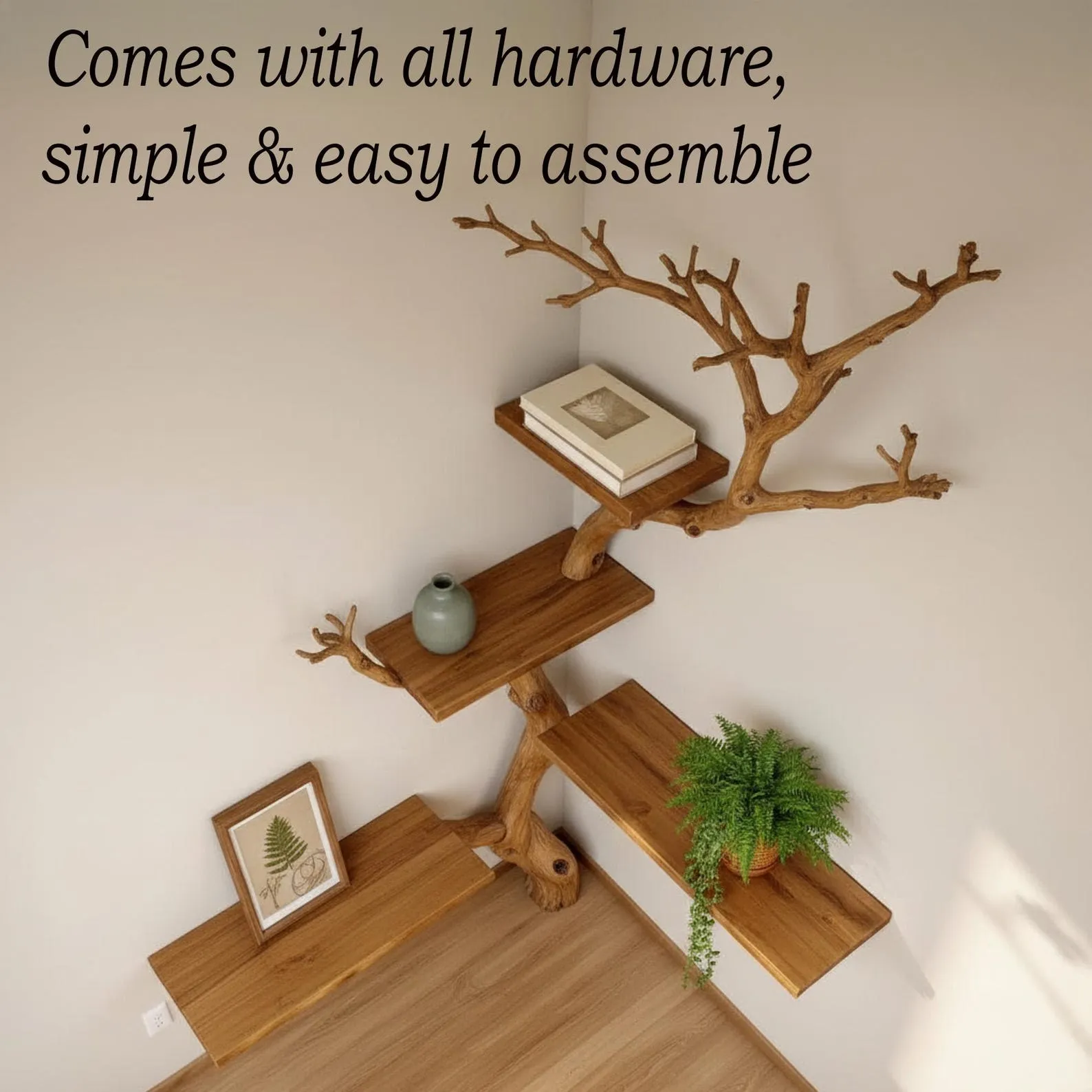 Tree branch shelf corner floating book shelf wall mounted shelves handcrafted reclaimed solid wood bookcase - Image 8