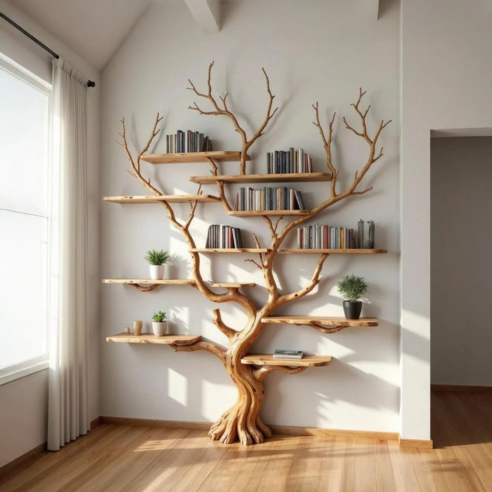 Tree branch book shelf floating shelves wall mounted reclaimed solid wood bookcase driftwood sculpture art furniture