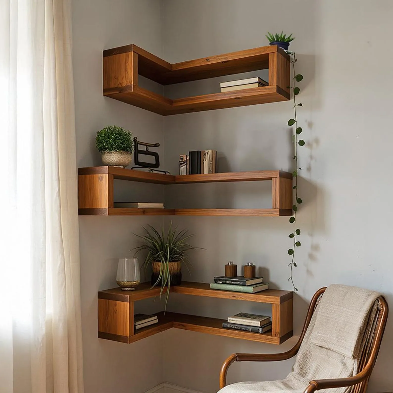 Solid Wood Floating Corner Shelf: Wall Mount Plant Stand