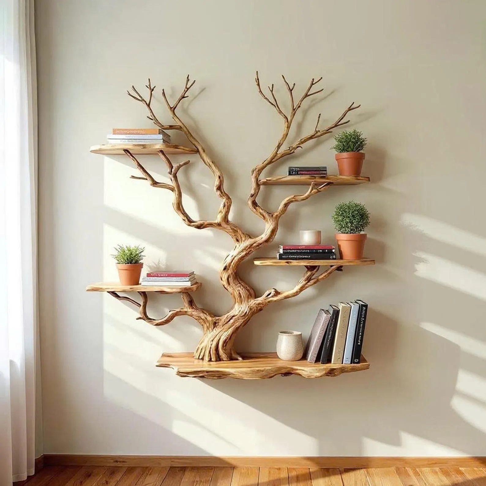 Floating bookshelf tree branch book shelf solid wood wall mounted shelves driftwood shelving decor home art