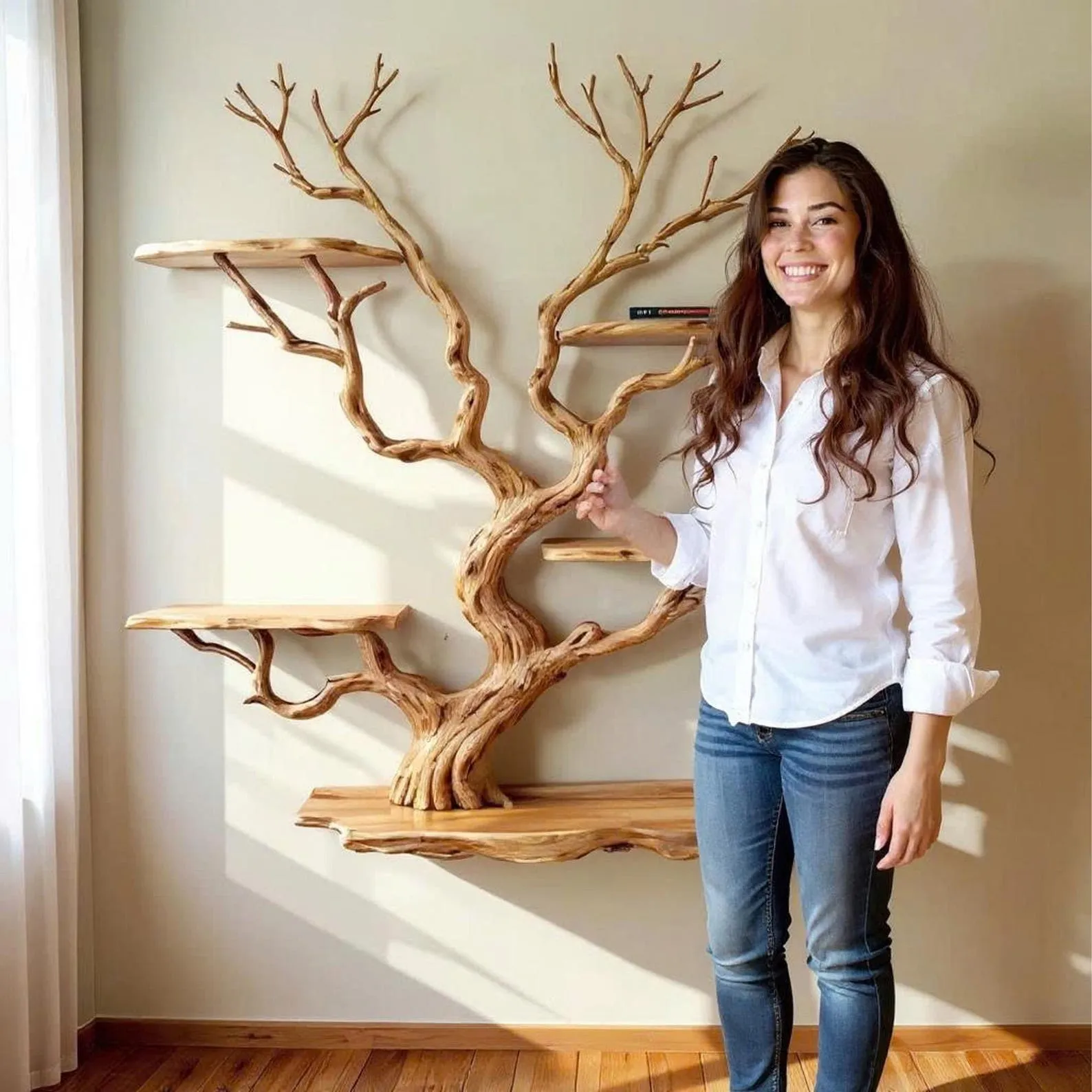 Floating bookshelf tree branch book shelf solid wood wall mounted shelves driftwood shelving decor home art - Image 3