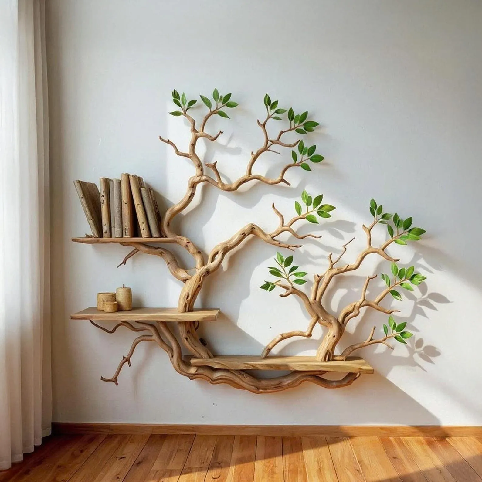 Tree branch floating shelves on wall solid wood bookshelf decor driftwood branch art handmade furniture