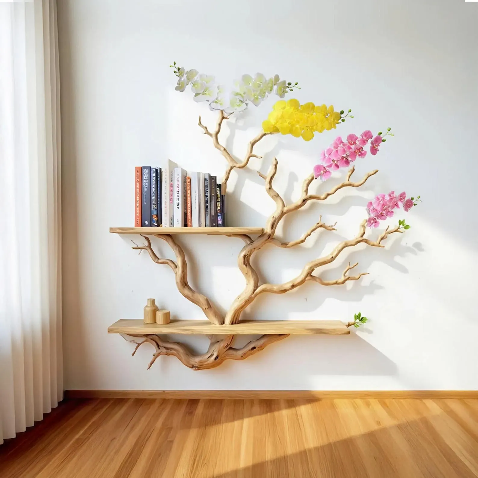 Driftwood Tree Branch Book Shelf with Orchids: Handmade Floating Shelves Wall Mount Art