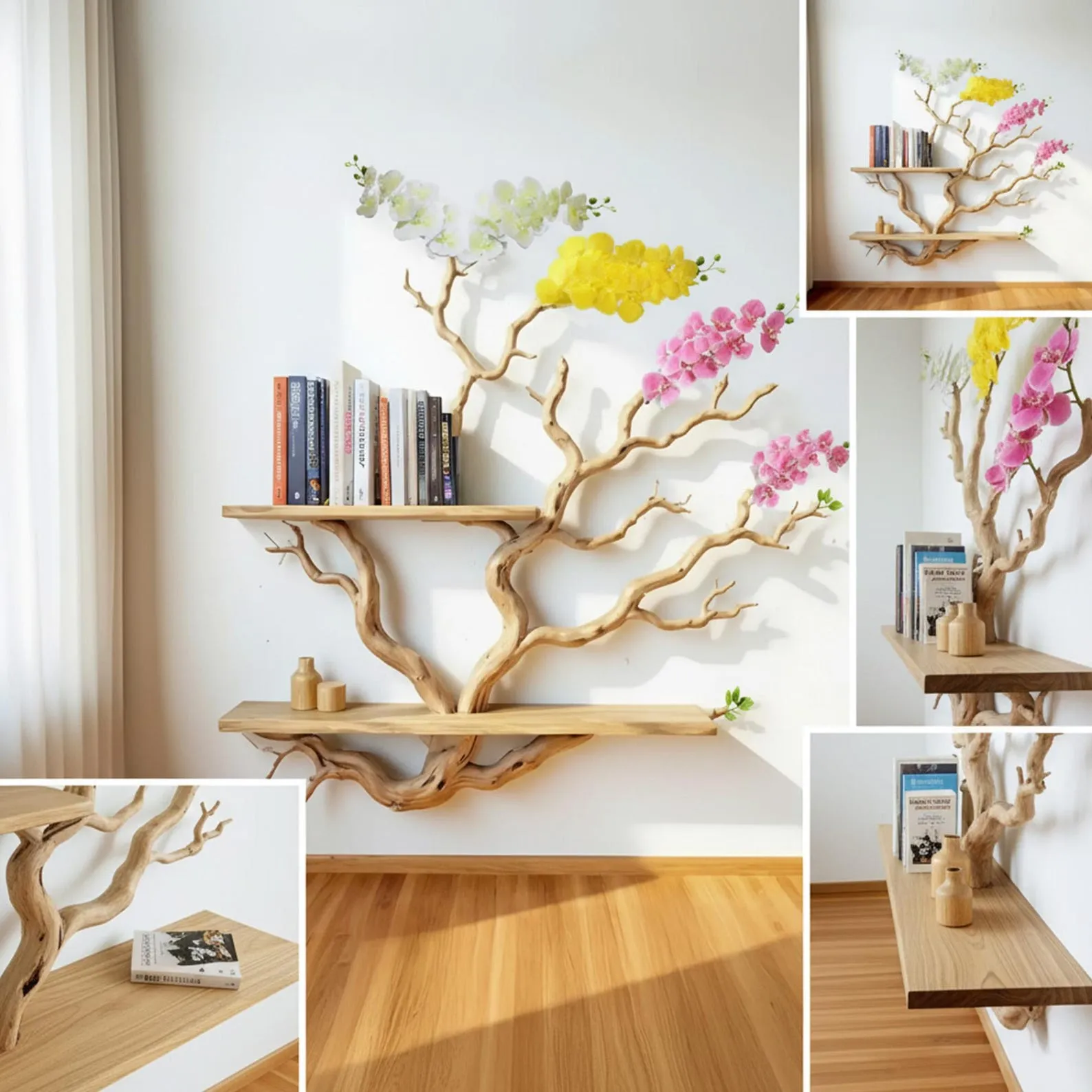 Driftwood Tree Branch Book Shelf with Orchids: Handmade Floating Shelves Wall Mount Art - Image 2