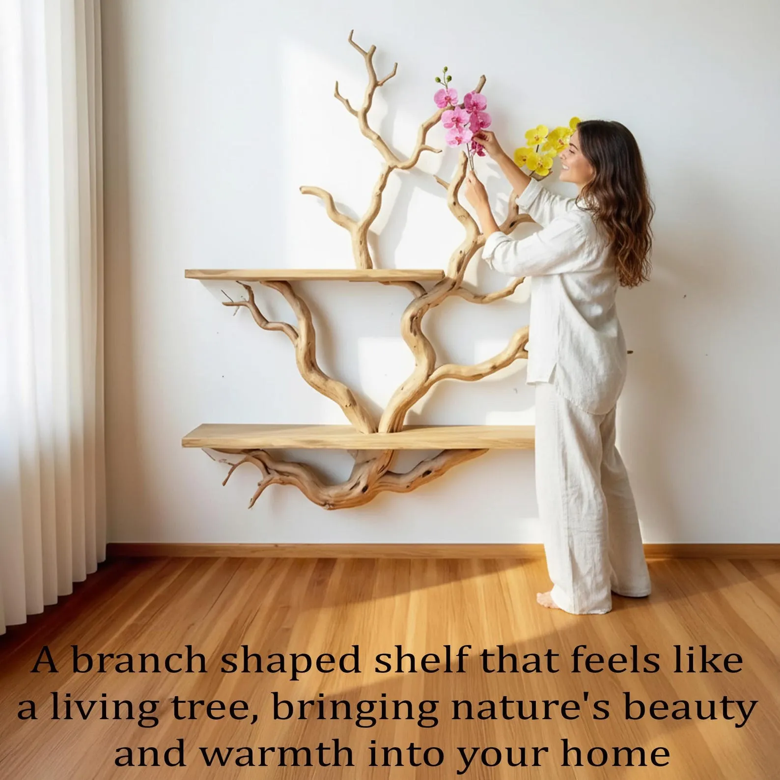 Driftwood Tree Branch Book Shelf with Orchids: Handmade Floating Shelves Wall Mount Art - Image 4