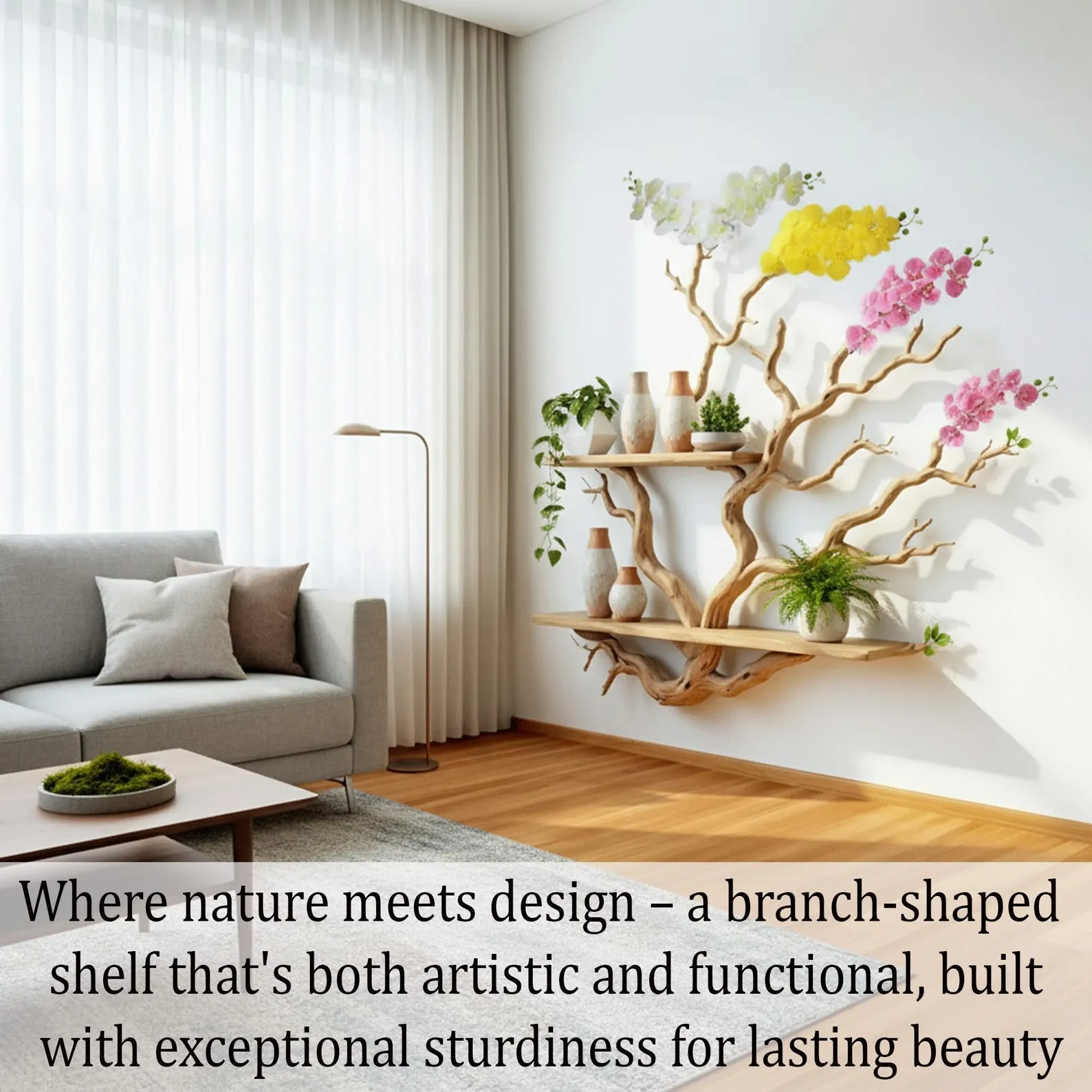 Driftwood Tree Branch Book Shelf with Orchids: Handmade Floating Shelves Wall Mount Art - Image 7