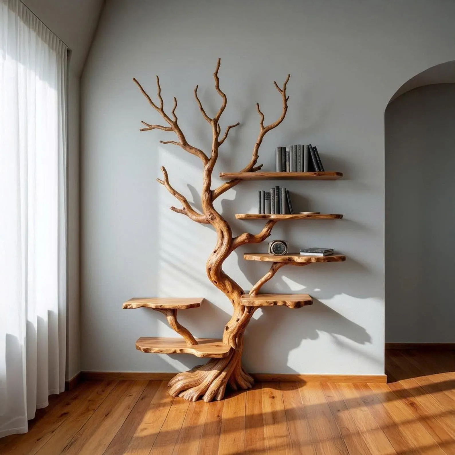 Tree bookshelf driftwood branch shelf art wall mount solid wood bookcase decor handmade furniture