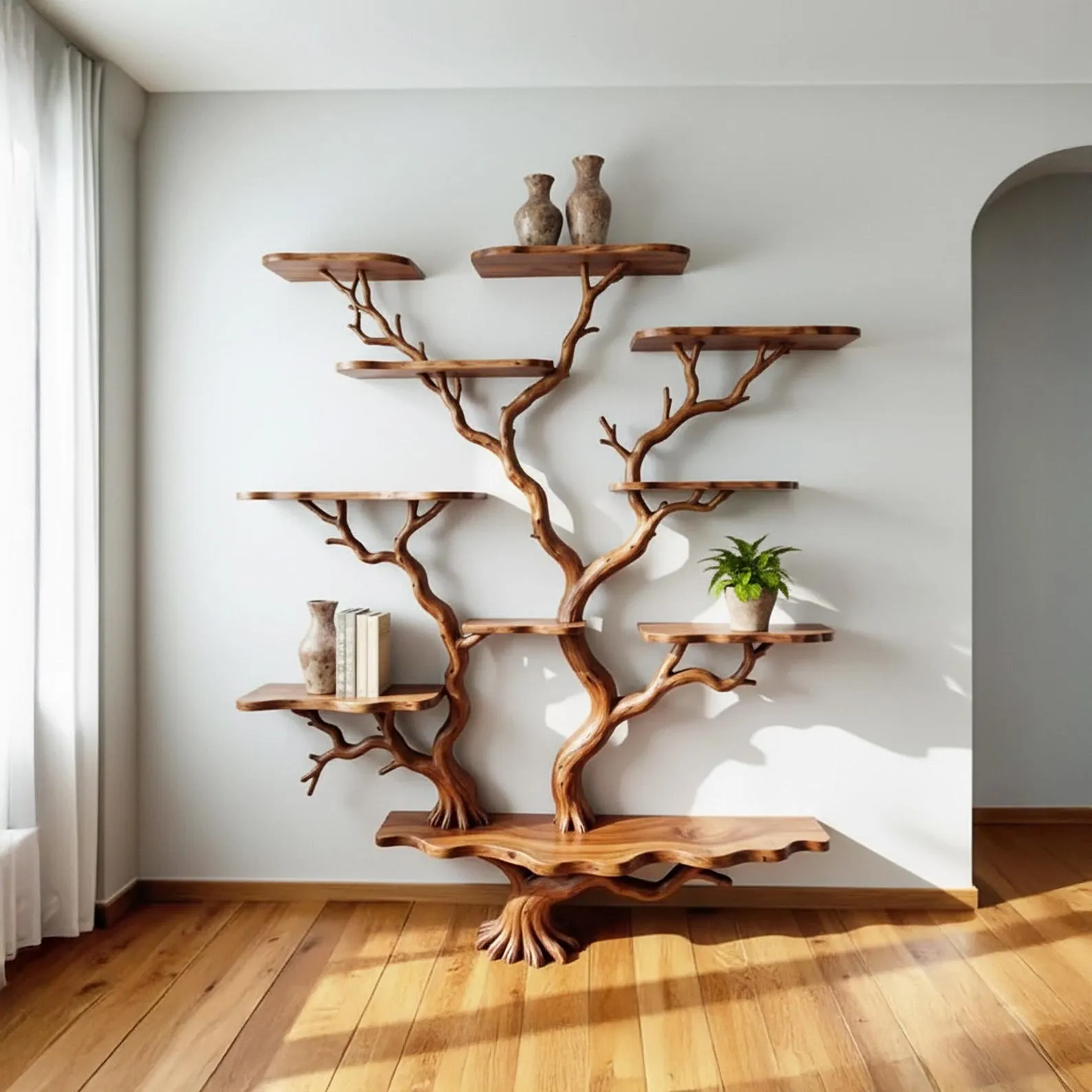 Tree book shelf driftwood tree branch floating shelves handmade solid wood wall mount bookshelf furniture
