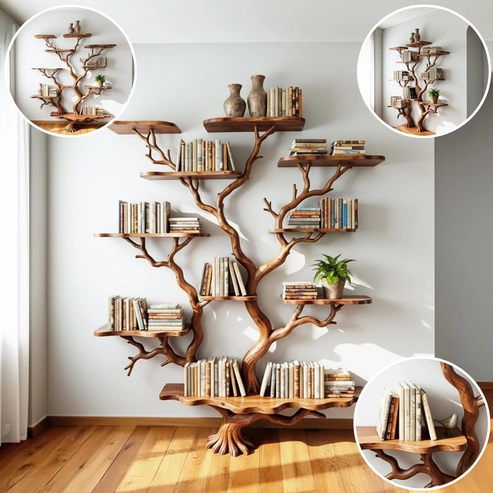 Tree book shelf driftwood tree branch floating shelves handmade solid wood wall mount bookshelf furniture - Image 2