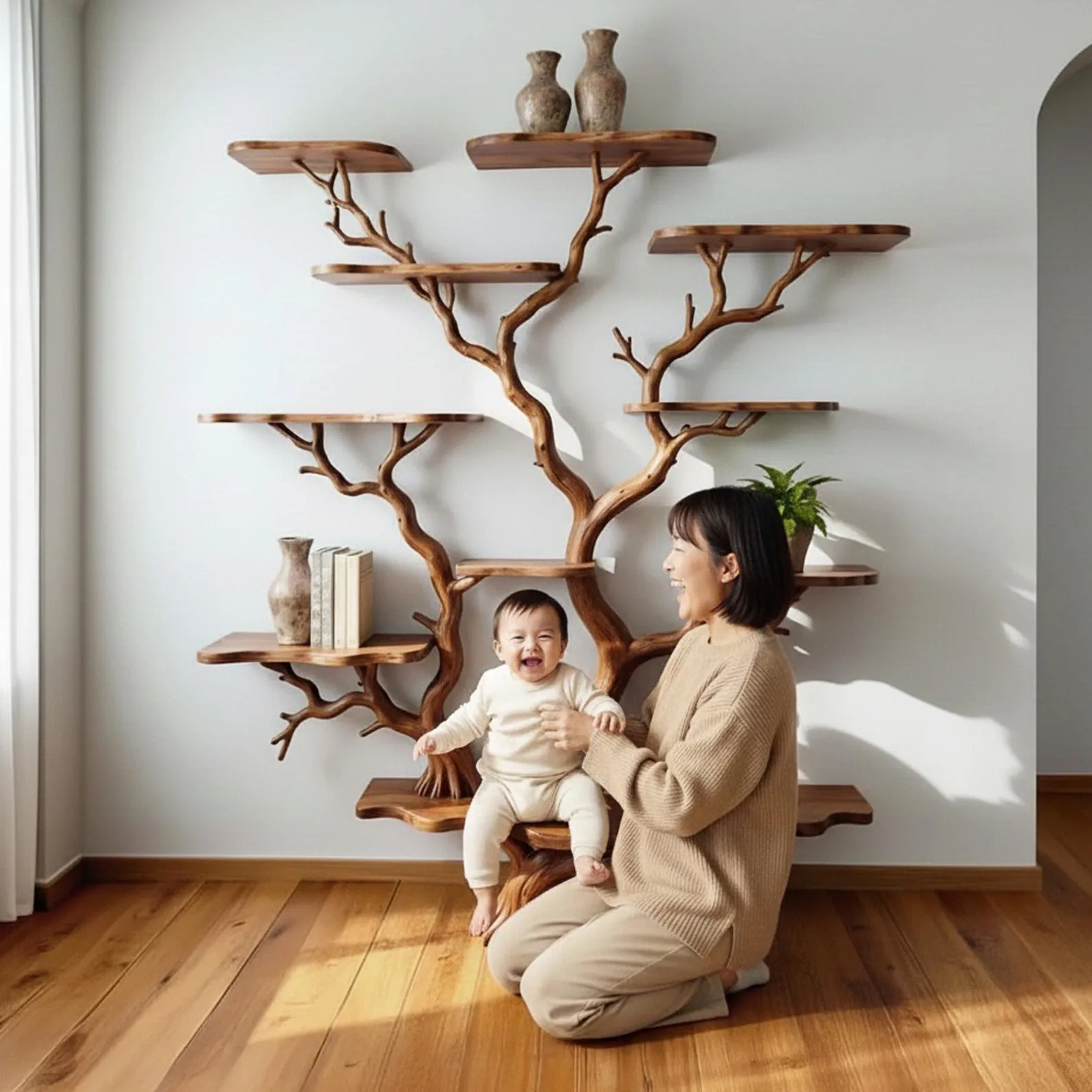 Tree book shelf driftwood tree branch floating shelves handmade solid wood wall mount bookshelf furniture - Image 6