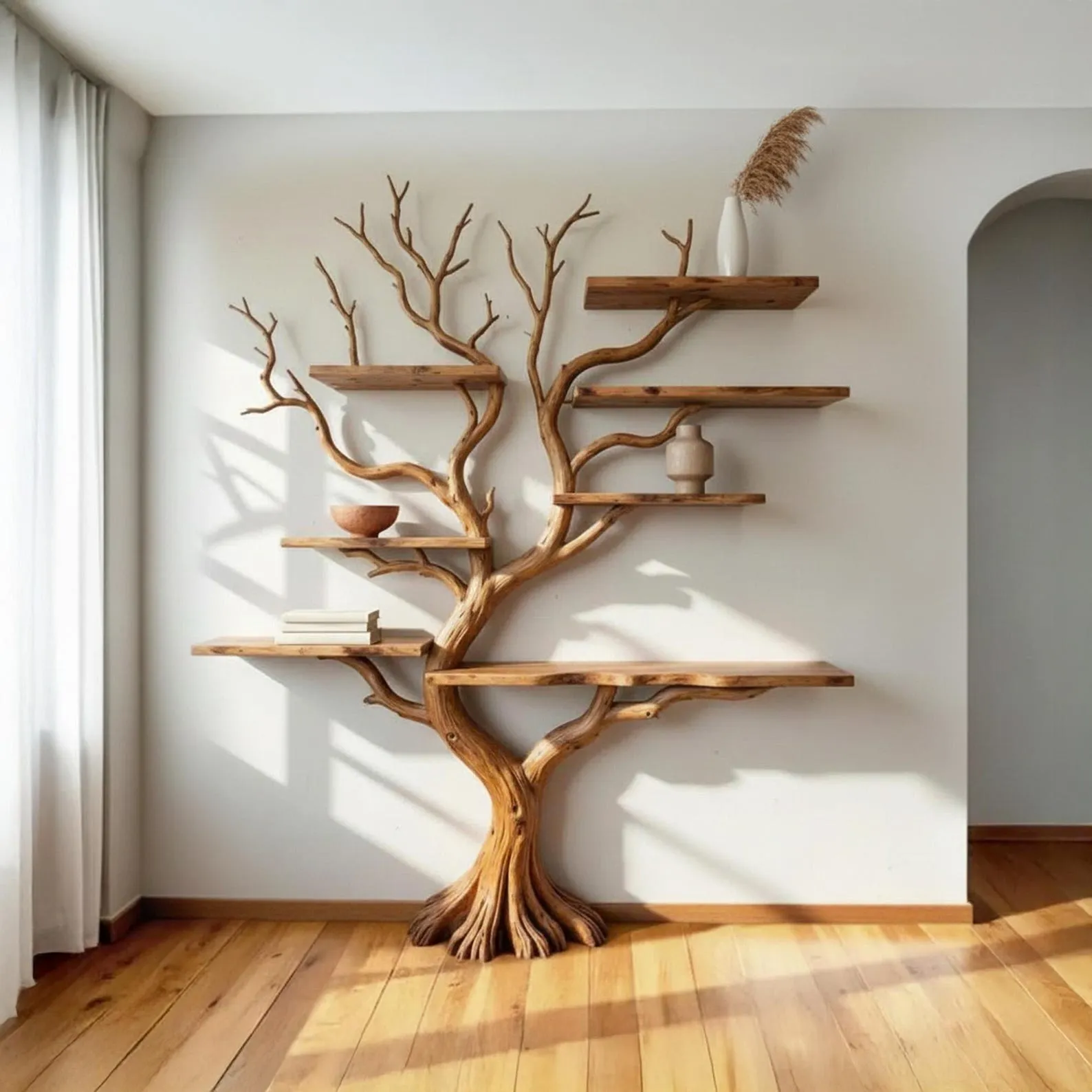 Floating book shelf tree branch shelf hand carved wall mounted shelves sculpture reclaimed solid wood bookcase