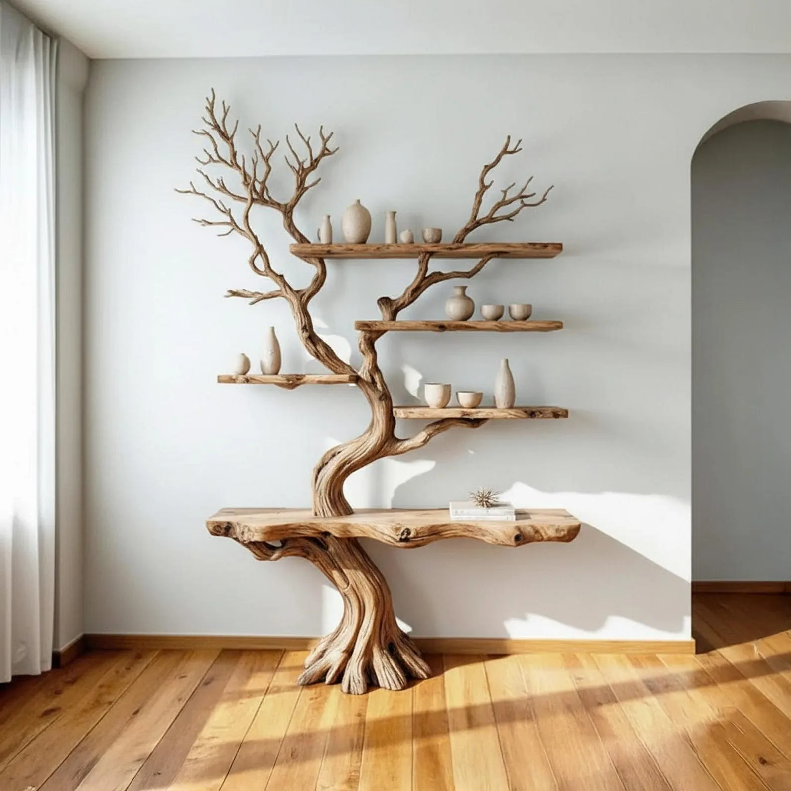 Natural wood bookcase tree branch shelves wall mounted floor bookshelf driftwood carving art