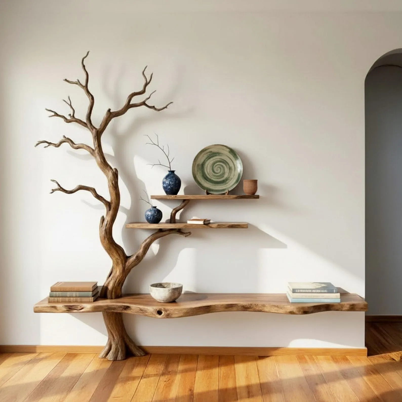 Tree bookshelf floating shelves handcrafted carving natural tree branch bookshelf sculpture solid wood floor bookcase