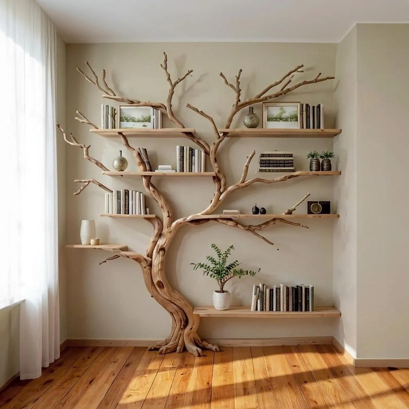 Driftwood Tree Branch Bookshelf: Rustic Solid Wood Wall Mounted Shelves