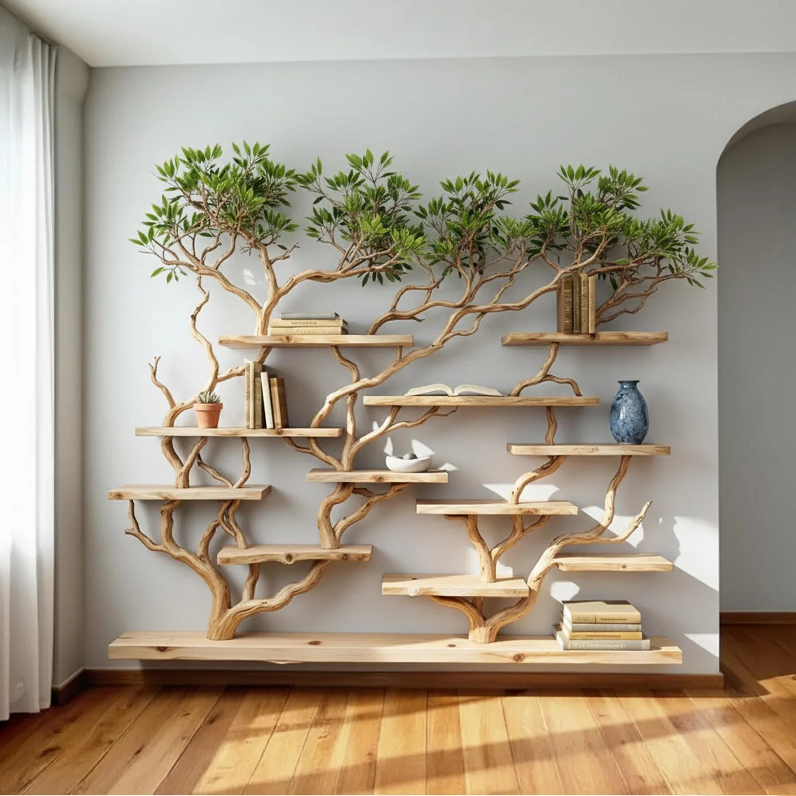 Floating bookshelf tree branch wall mounted book shelf handcrafted carving sculpture reclaimed solid wood bookcase