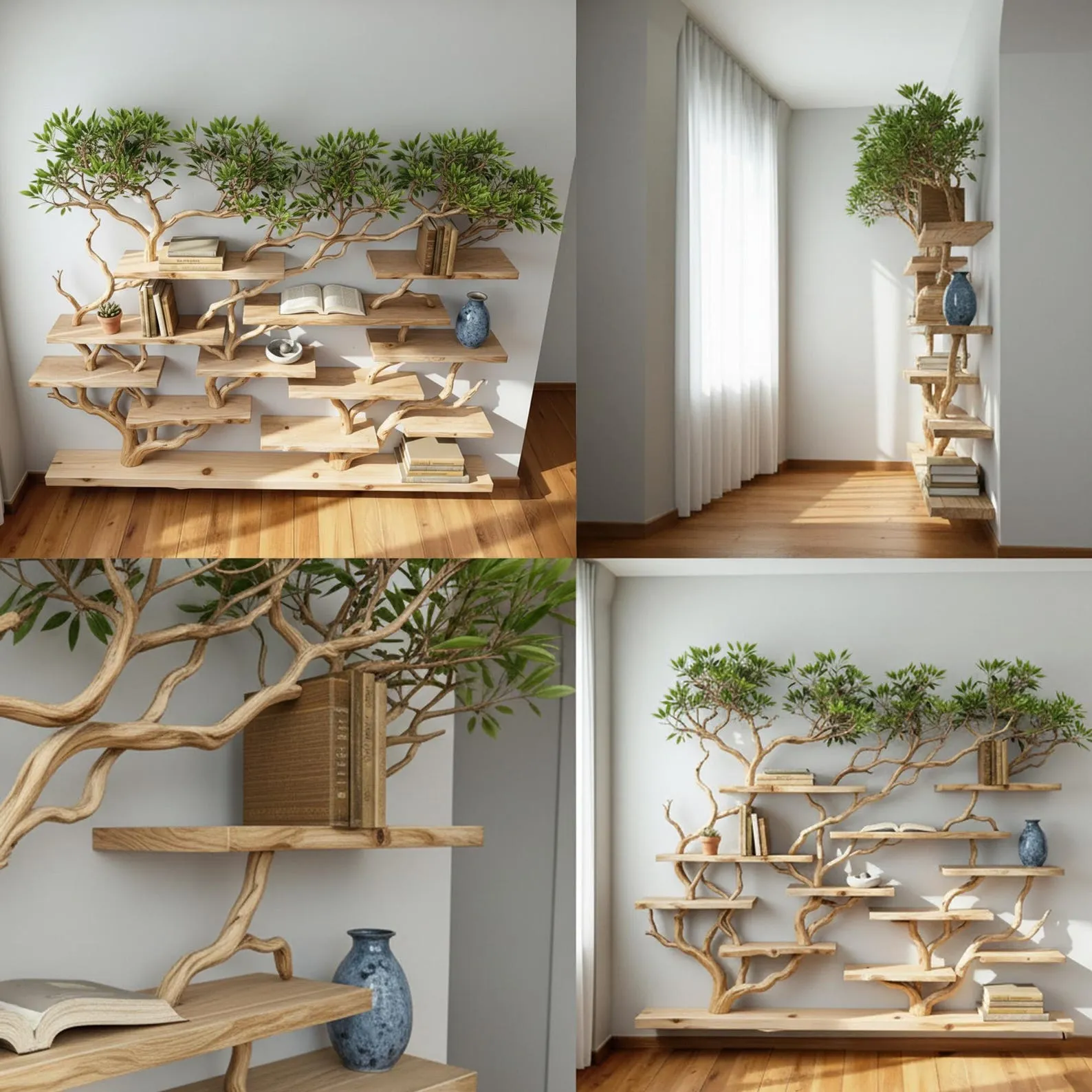 Floating bookshelf tree branch wall mounted book shelf handcrafted carving sculpture reclaimed solid wood bookcase - Image 2