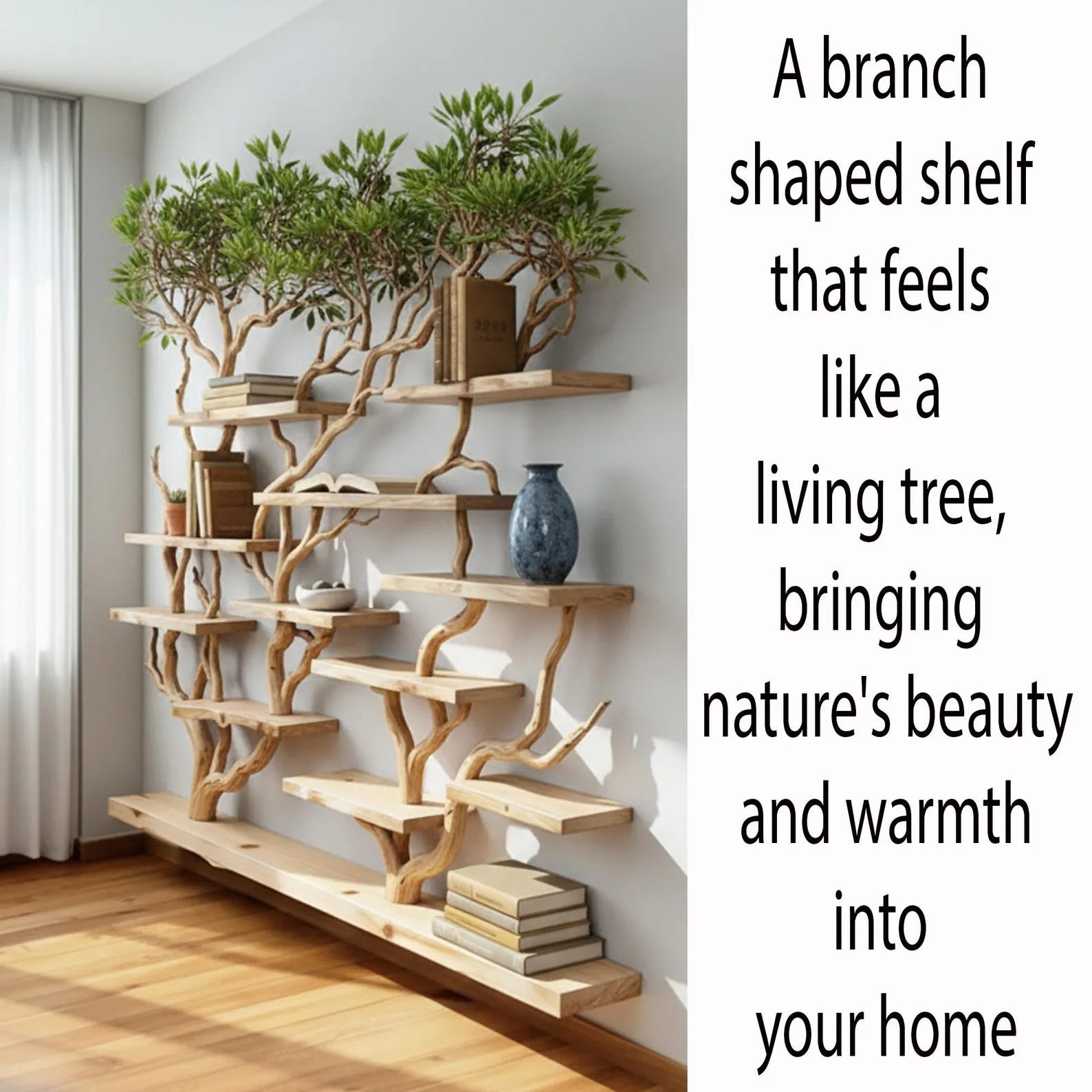 Floating bookshelf tree branch wall mounted book shelf handcrafted carving sculpture reclaimed solid wood bookcase - Image 7