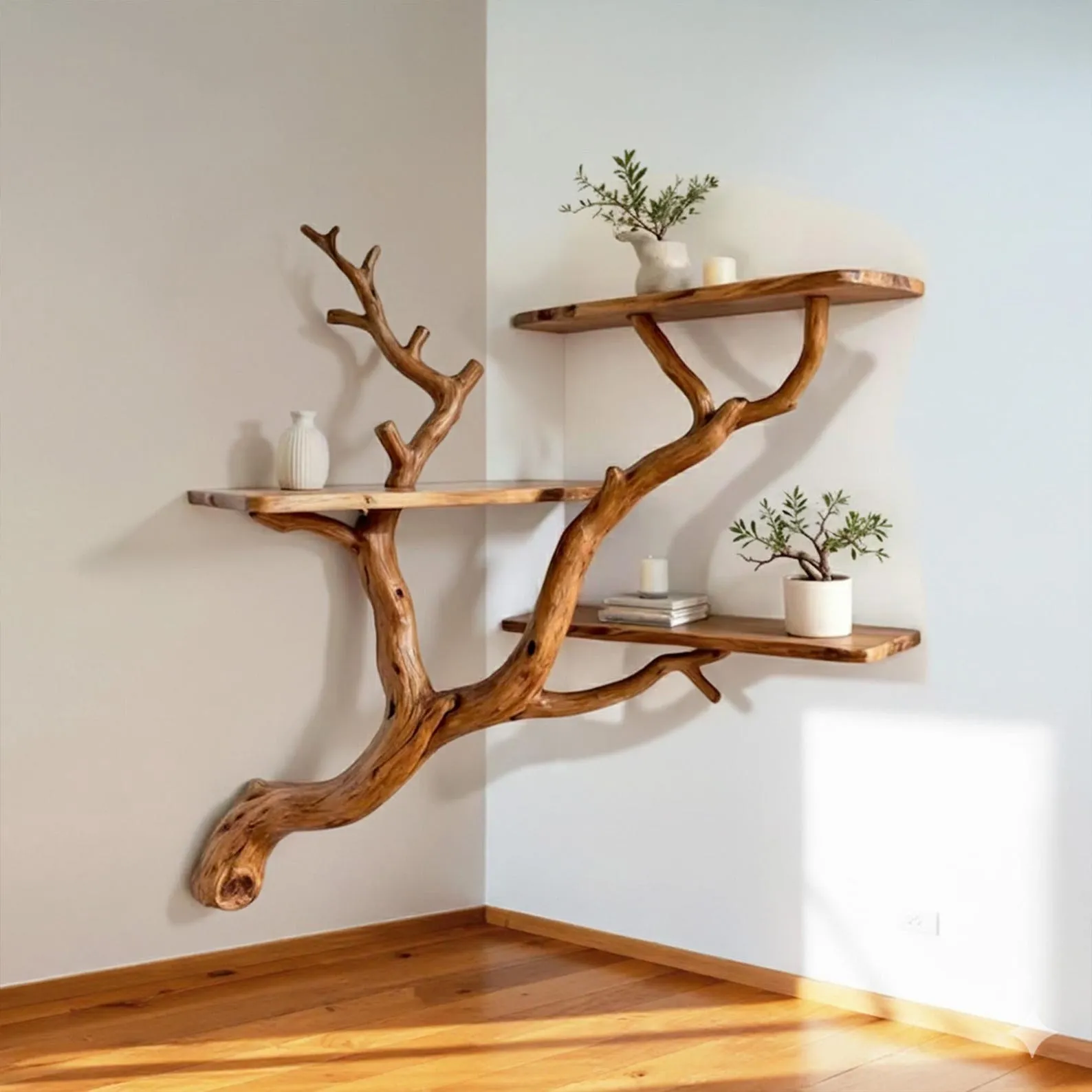 Driftwood book shelf on wall art custom tree branch corner floating shelves decor