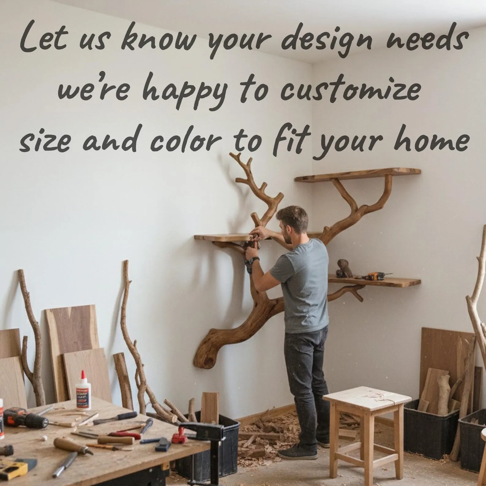 Driftwood book shelf on wall art custom tree branch corner floating shelves decor - Image 2