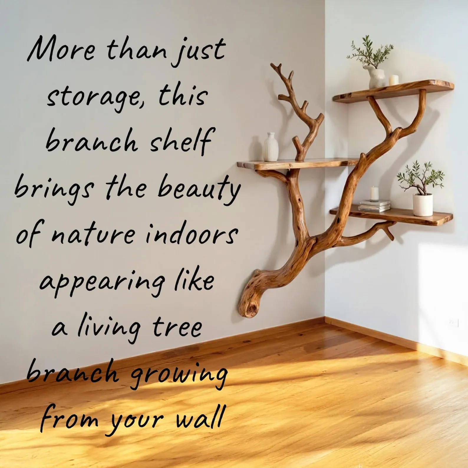 Driftwood book shelf on wall art custom tree branch corner floating shelves decor - Image 5