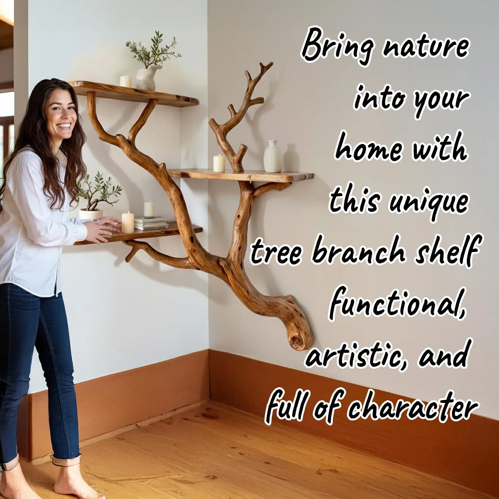 Driftwood book shelf on wall art custom tree branch corner floating shelves decor - Image 6