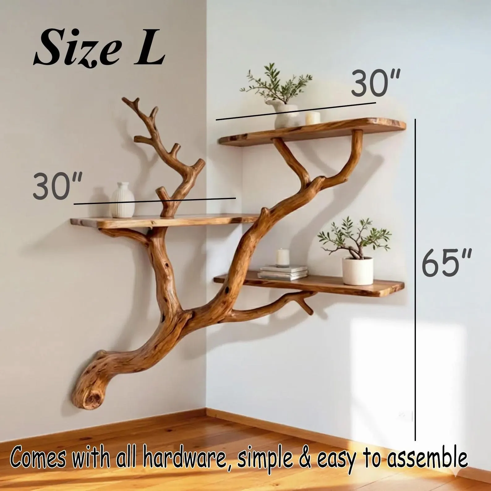 Driftwood book shelf on wall art custom tree branch corner floating shelves decor - Image 8