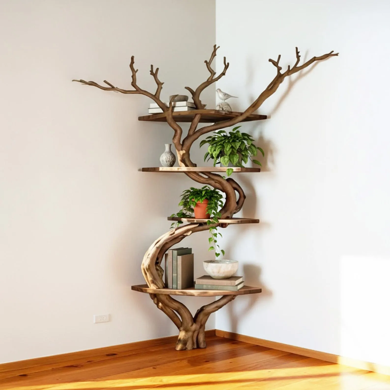 Tree branch book shelf floating corner floating shelves handmade driftwood branch sculpture floor bookshelf furniture