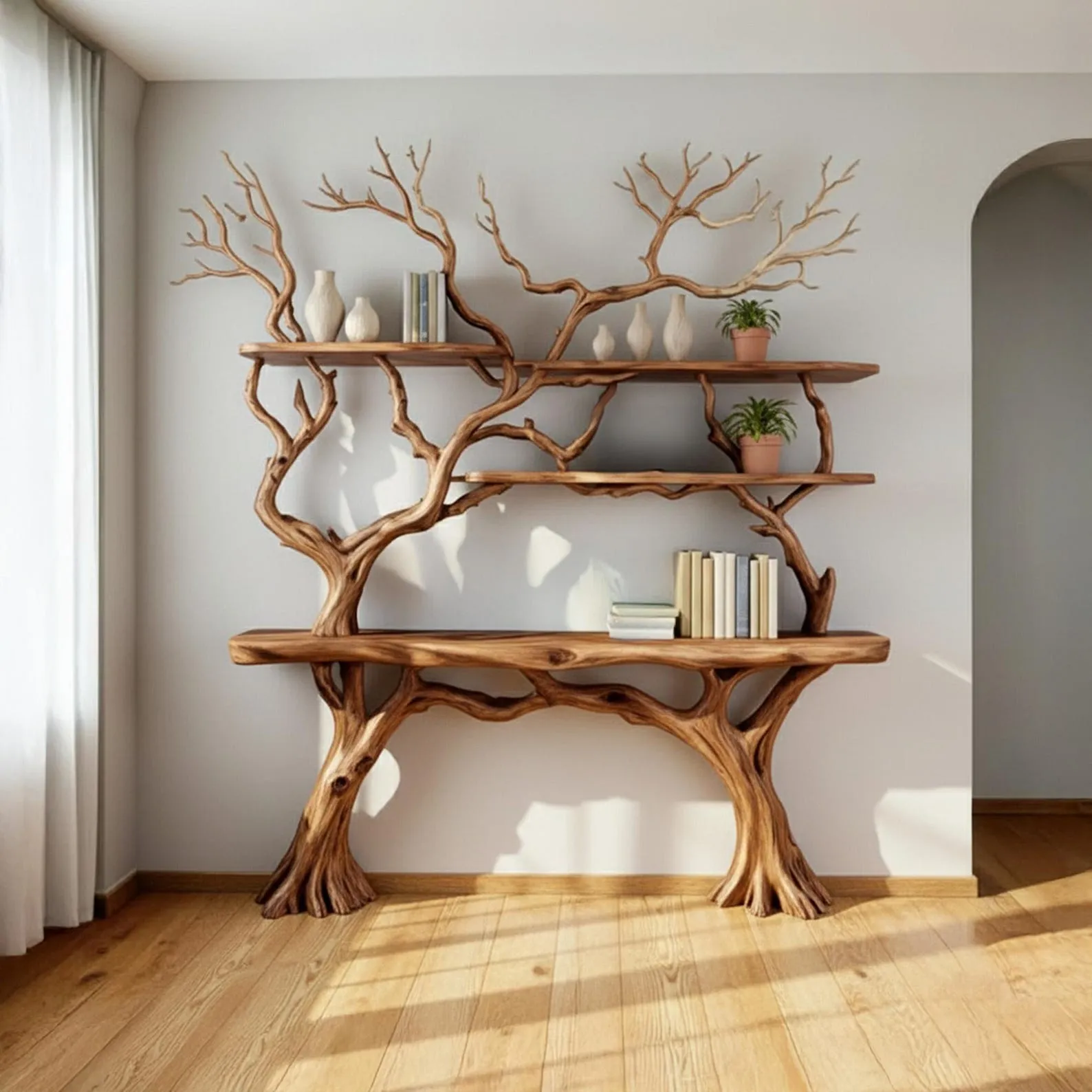 Tree branch bookshelf driftwood console table live edge floating wood shelves on wall handmade furniture
