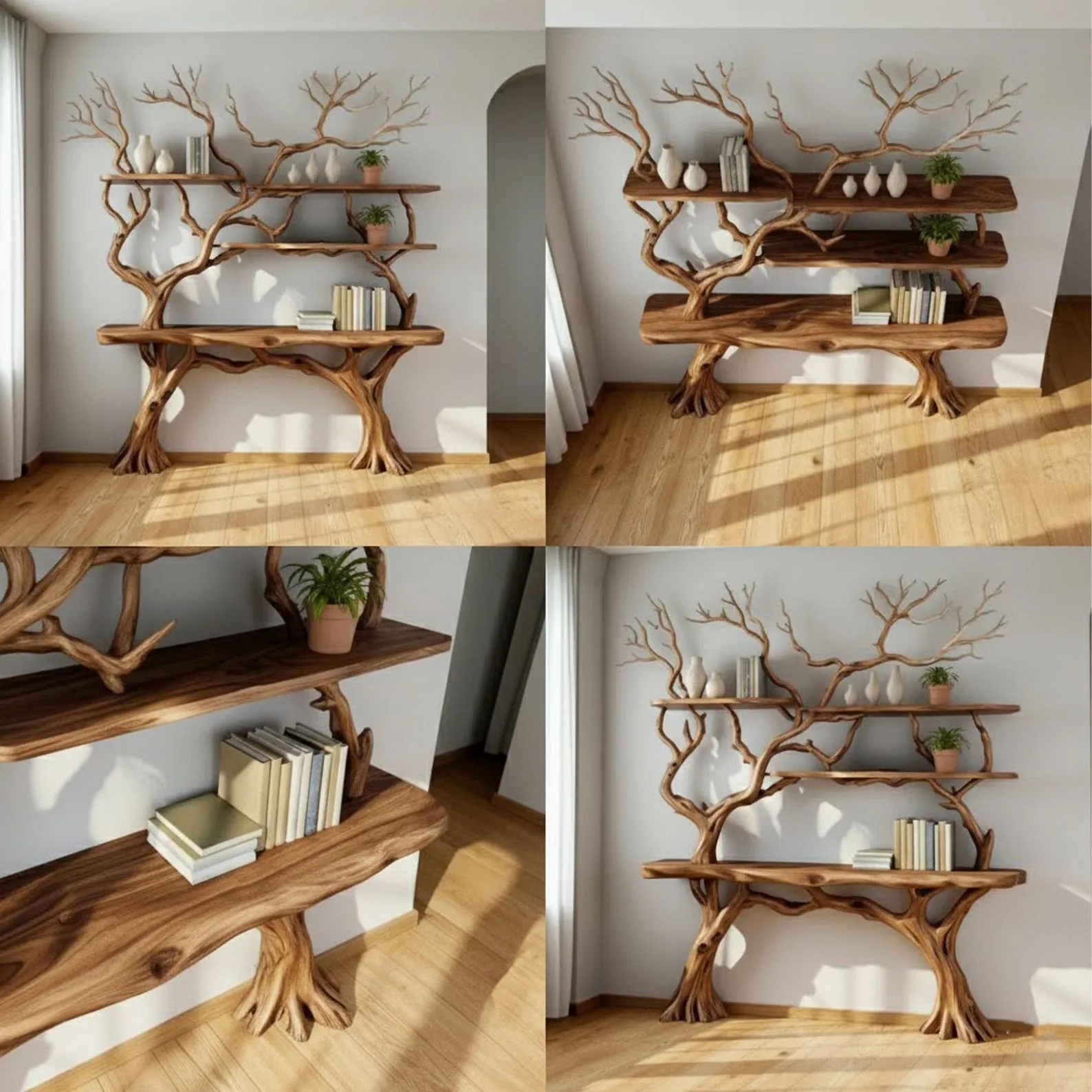 Tree branch bookshelf driftwood console table live edge floating wood shelves on wall handmade furniture - Image 4