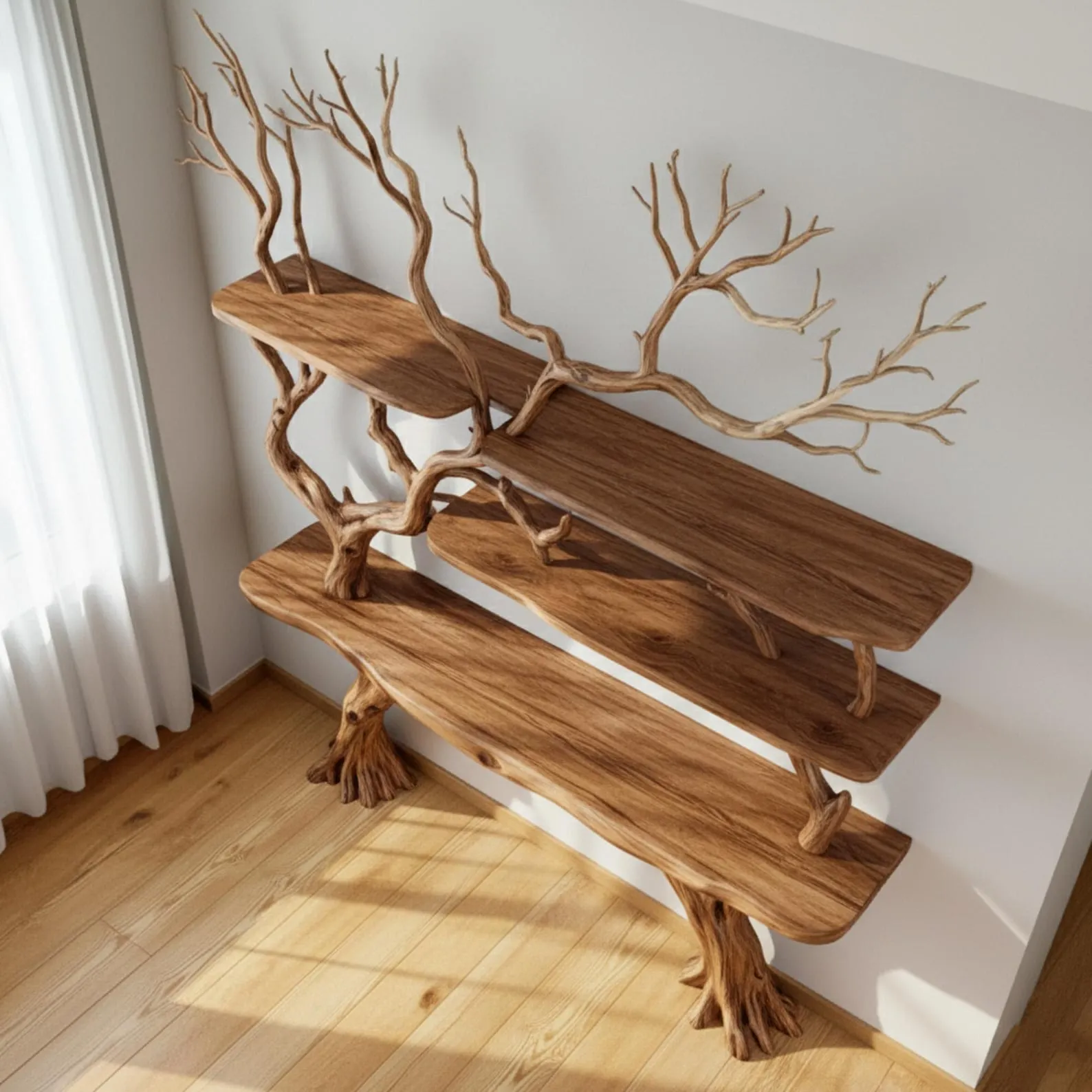 Tree branch bookshelf driftwood console table live edge floating wood shelves on wall handmade furniture - Image 5