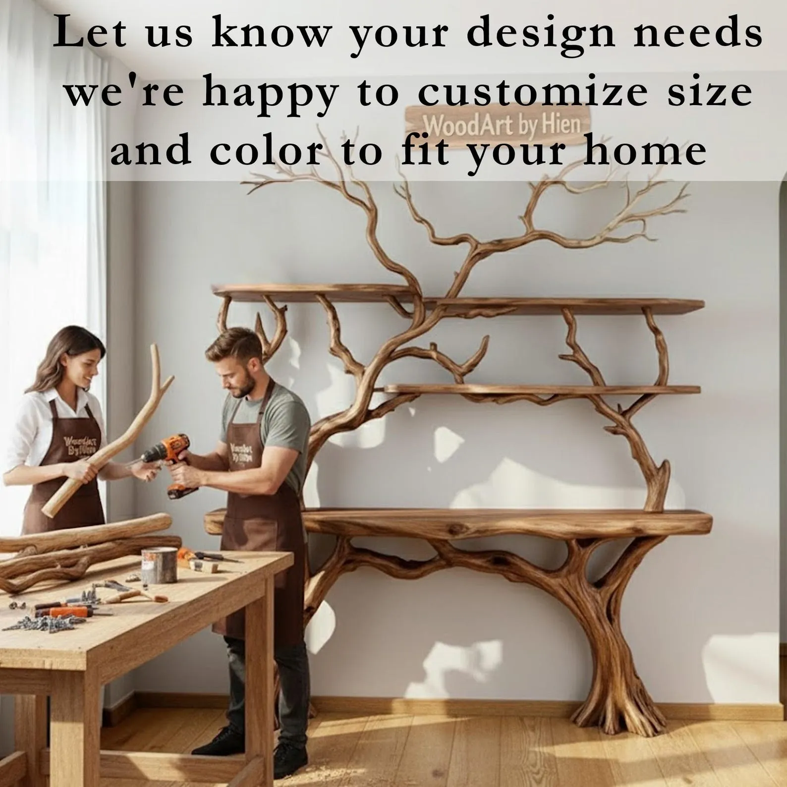 Tree branch bookshelf driftwood console table live edge floating wood shelves on wall handmade furniture - Image 6