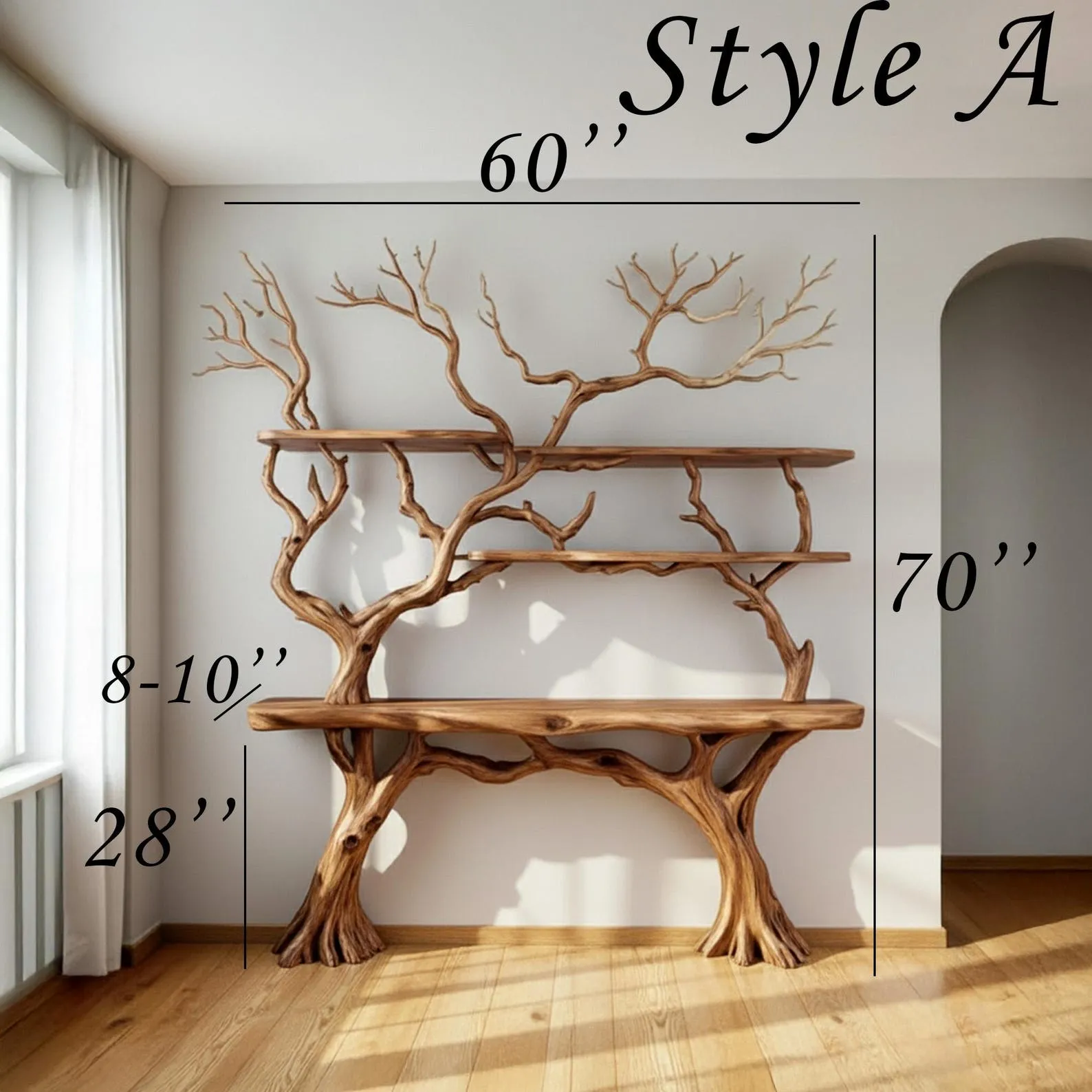Tree branch bookshelf driftwood console table live edge floating wood shelves on wall handmade furniture - Image 9