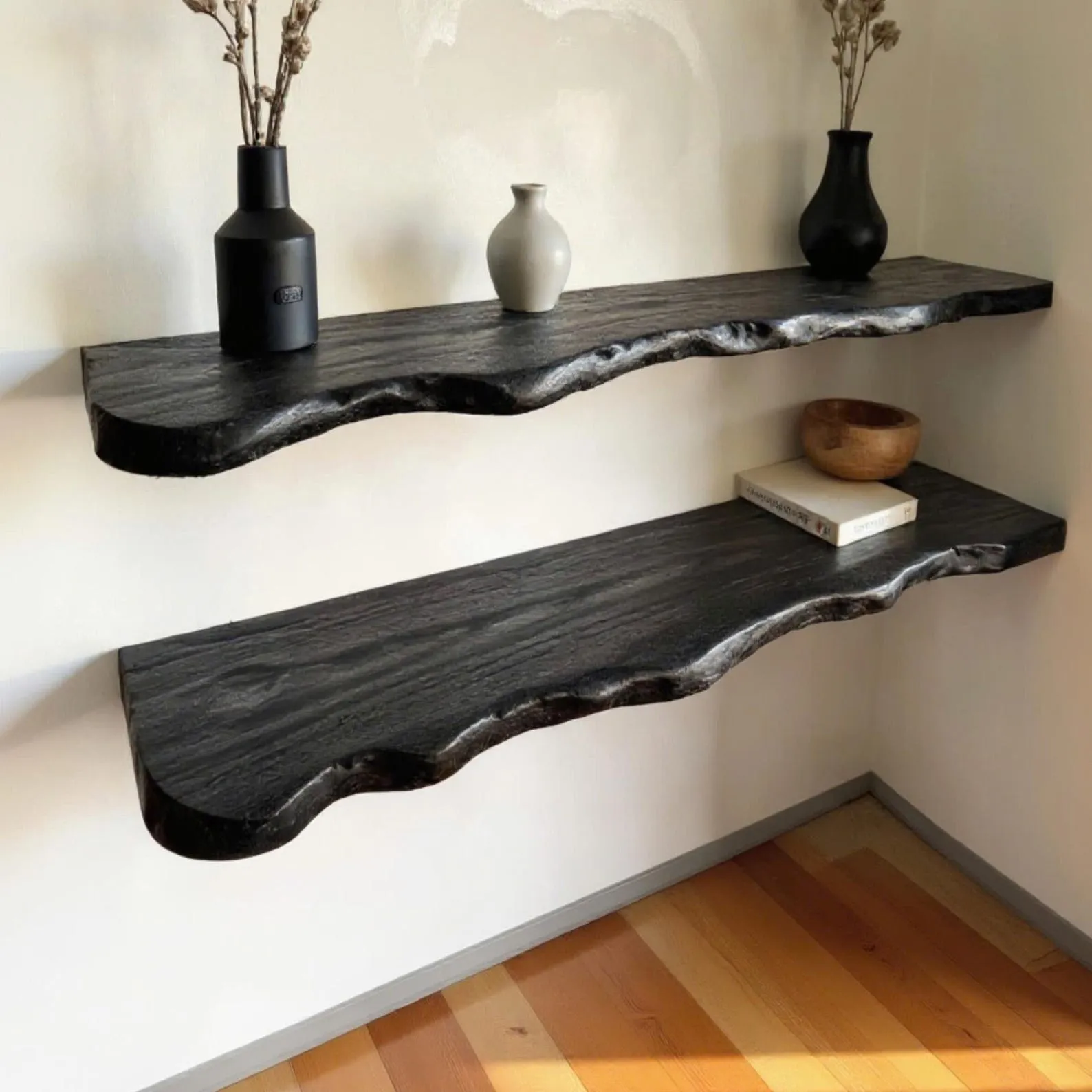 Live Edge Floating Shelf: Hand Carved Solid Wood Bookshelf