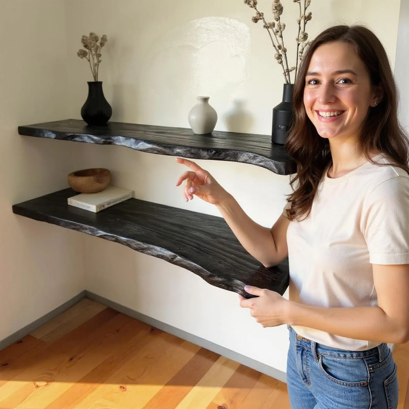 Live Edge Floating Shelf: Hand Carved Solid Wood Bookshelf - Image 4