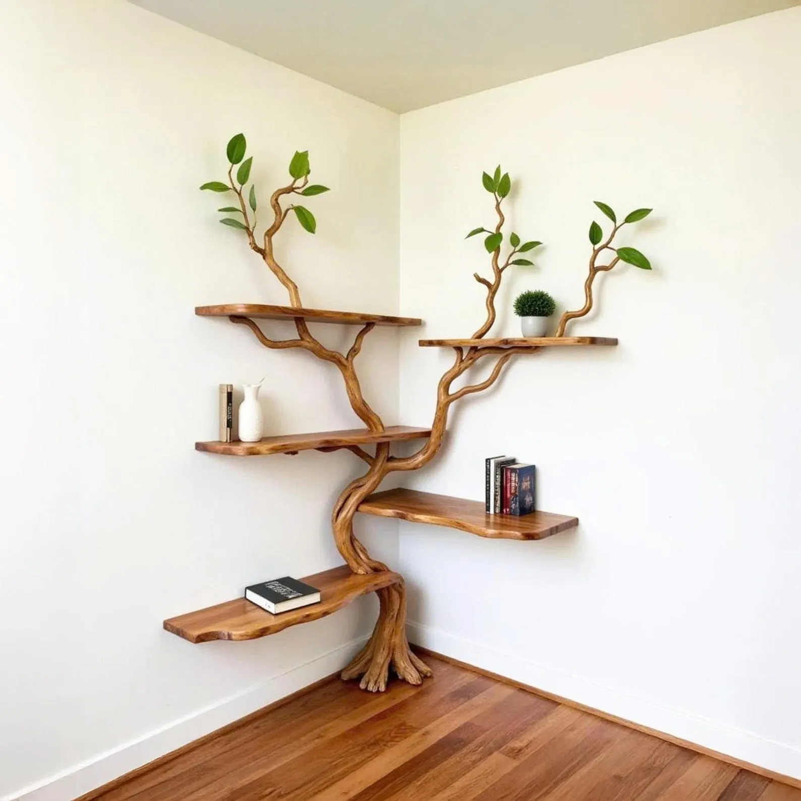 Tree branch book shelf floating shelves handcrafted sculpture driftwood branch shelf recycled solid wood bookcase
